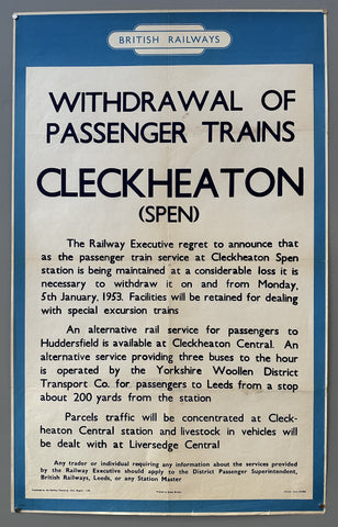 Link to  British Railways Withdrawal of Passenger Trains Cleckheaton PosterEngland, 1952  Product
