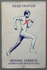 A poster for the band Penetration's album "Moving Targets" on Virgin Records. The poster features a stylized, naked blue figure in a running pose, with a red "X" marked on its chest, all set against a white grid background. 