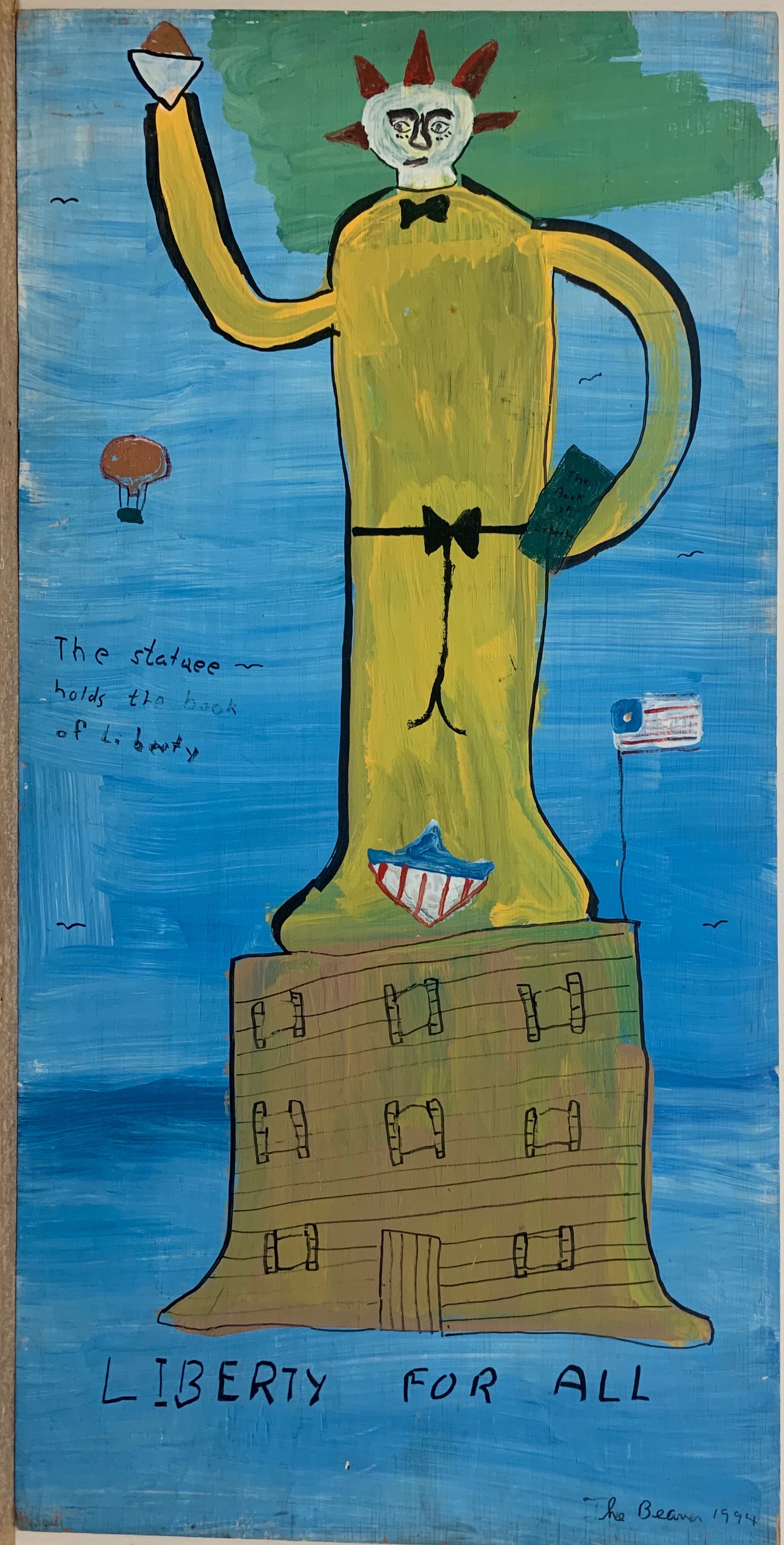 A painting by the Beaver of the Statue of Liberty in yellow with spiked hair. 