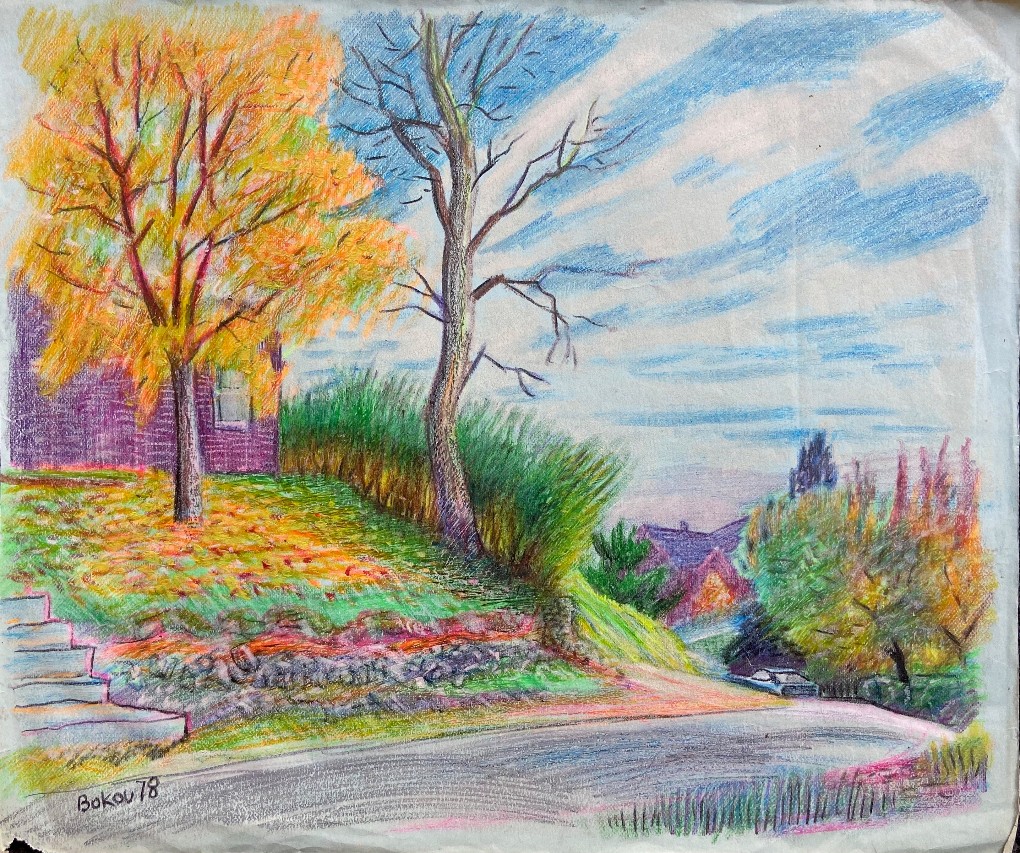 oil stick drawing of a suburban street