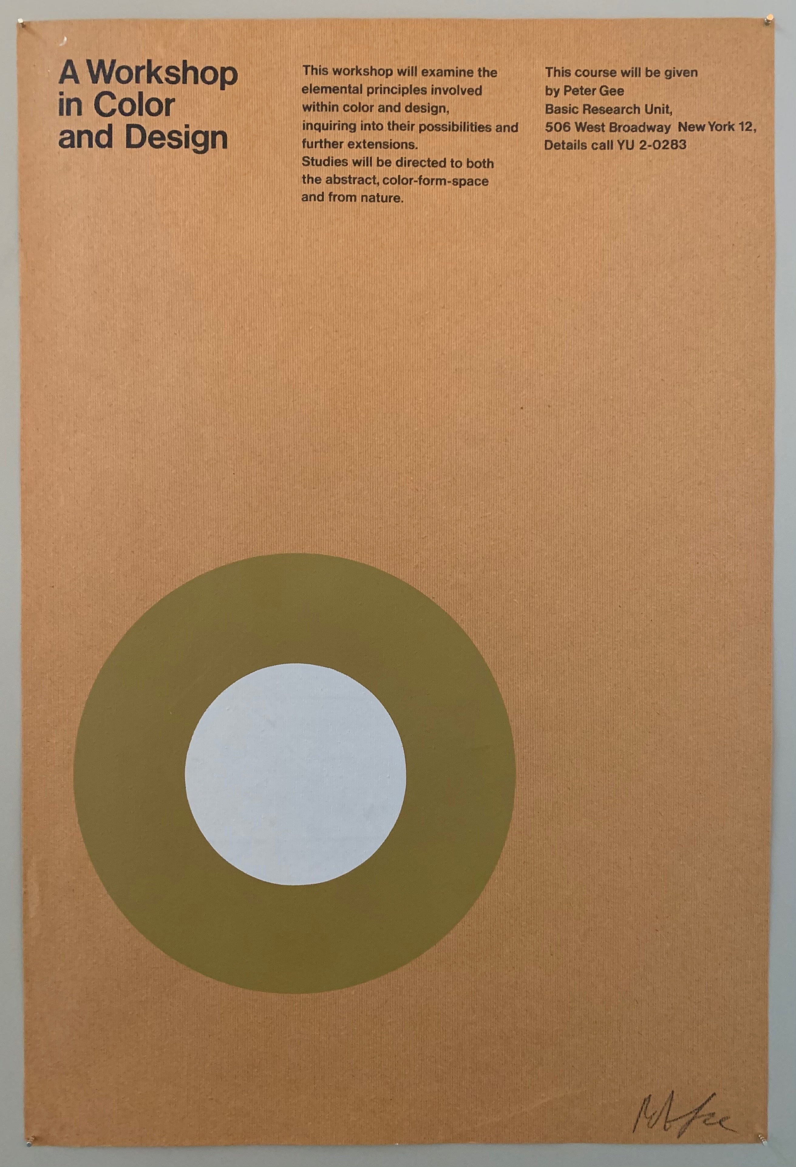 Poster for a design workshop featuring a green and blue target against a brown background 