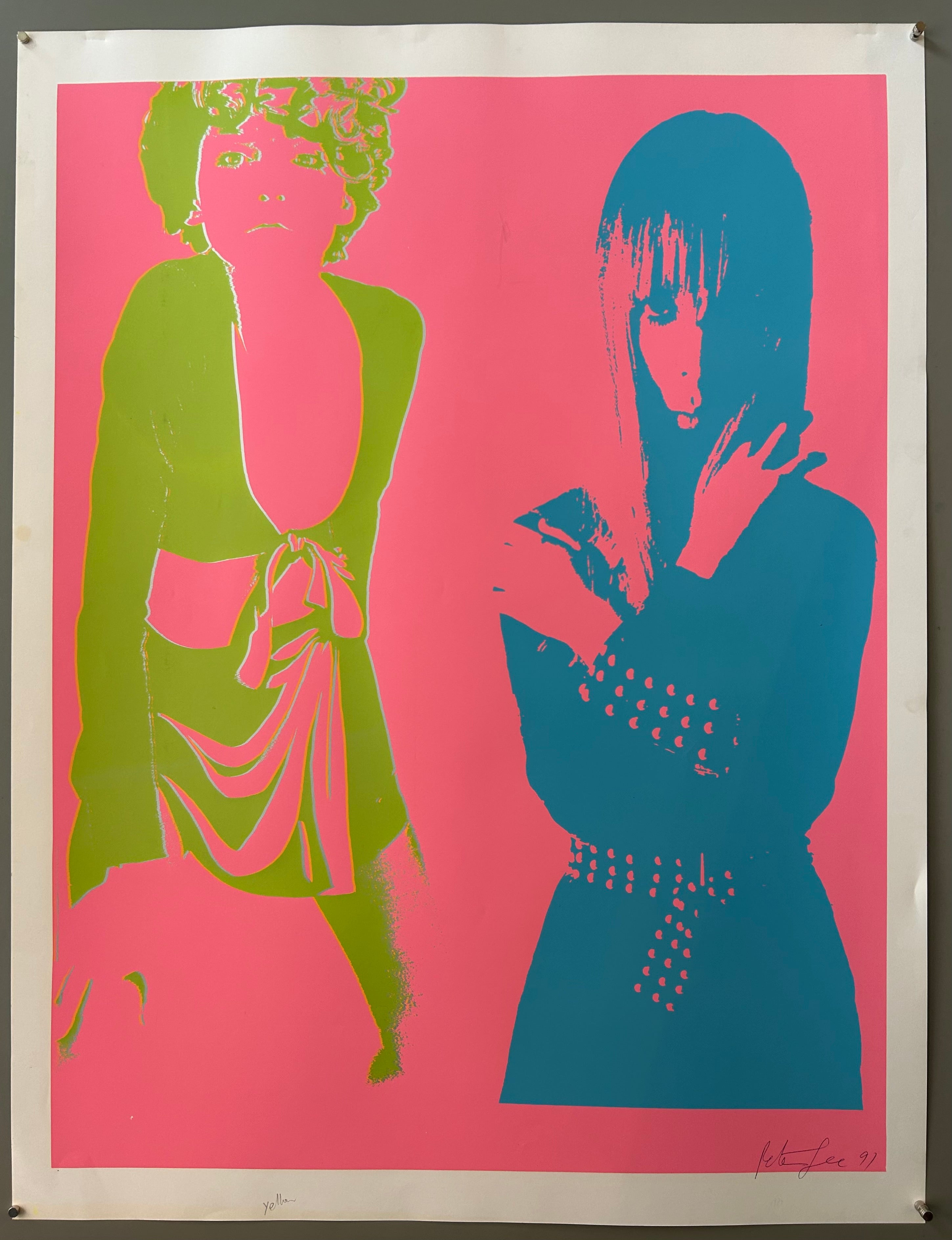 Two pop-art style images of women are side by side, with a pink background. The women are in green and blue.