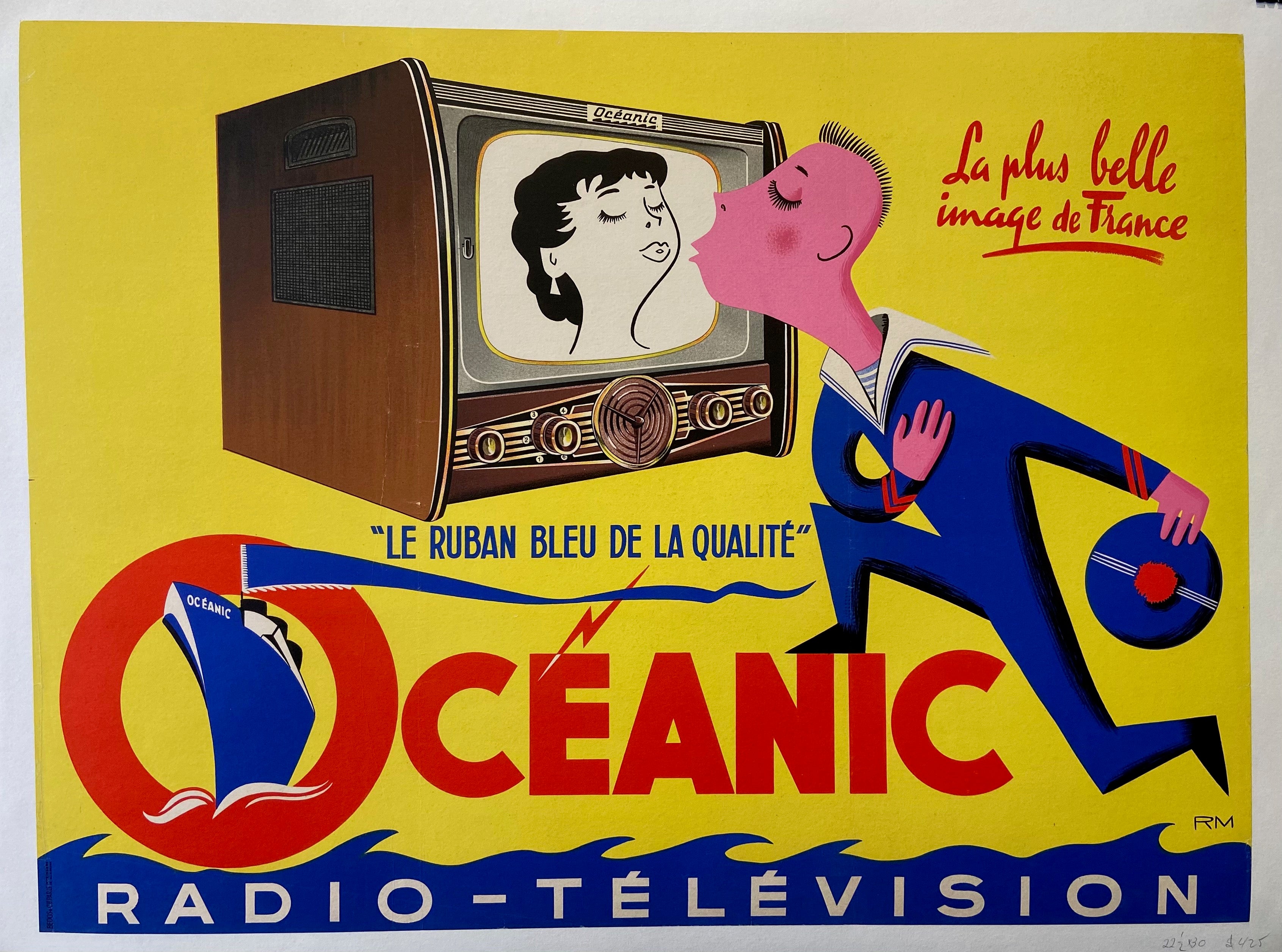 Poster showing a pink cartoon man kissing a woman on television