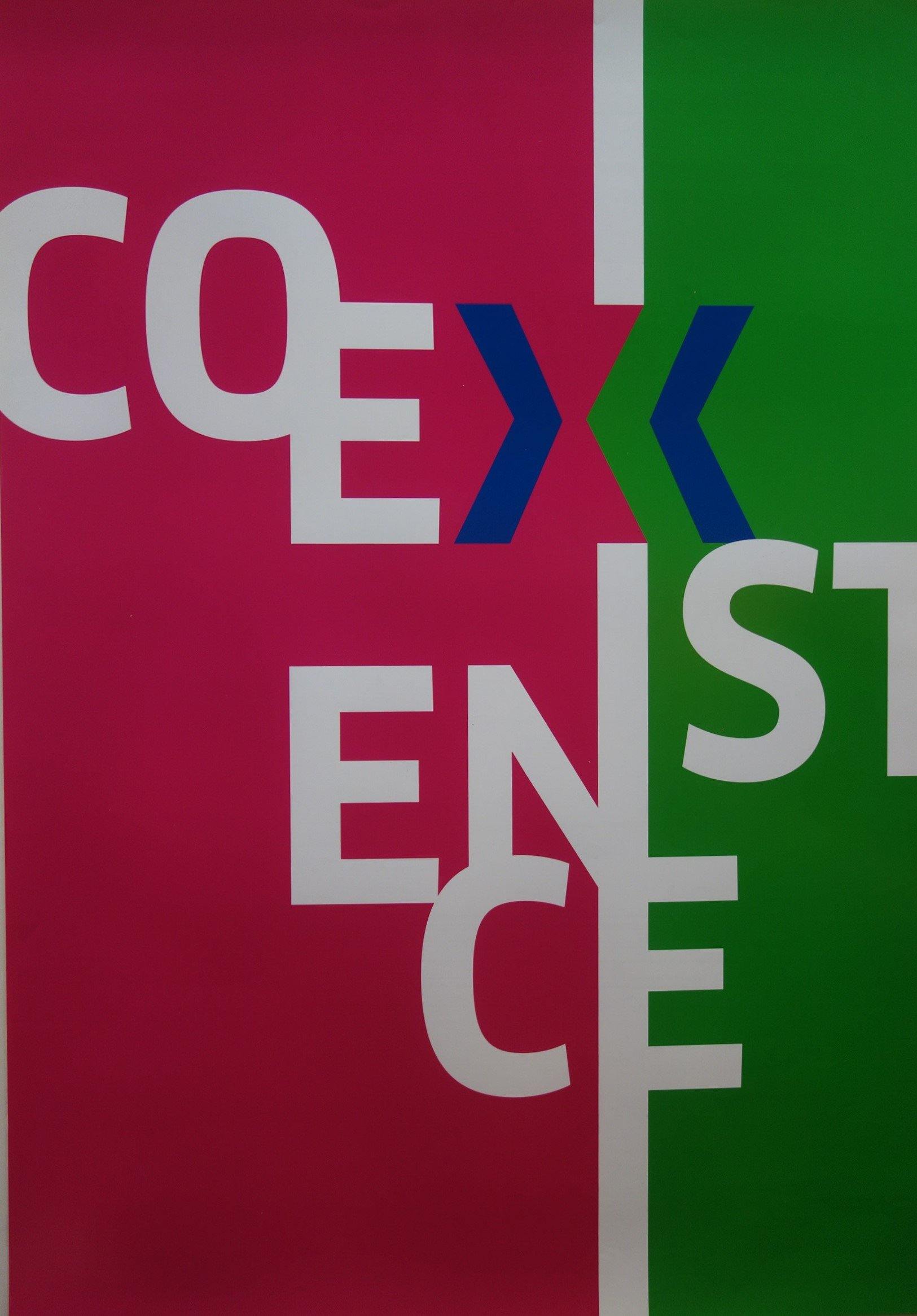 "Coexistence" written down page on top of page split part red and part green background