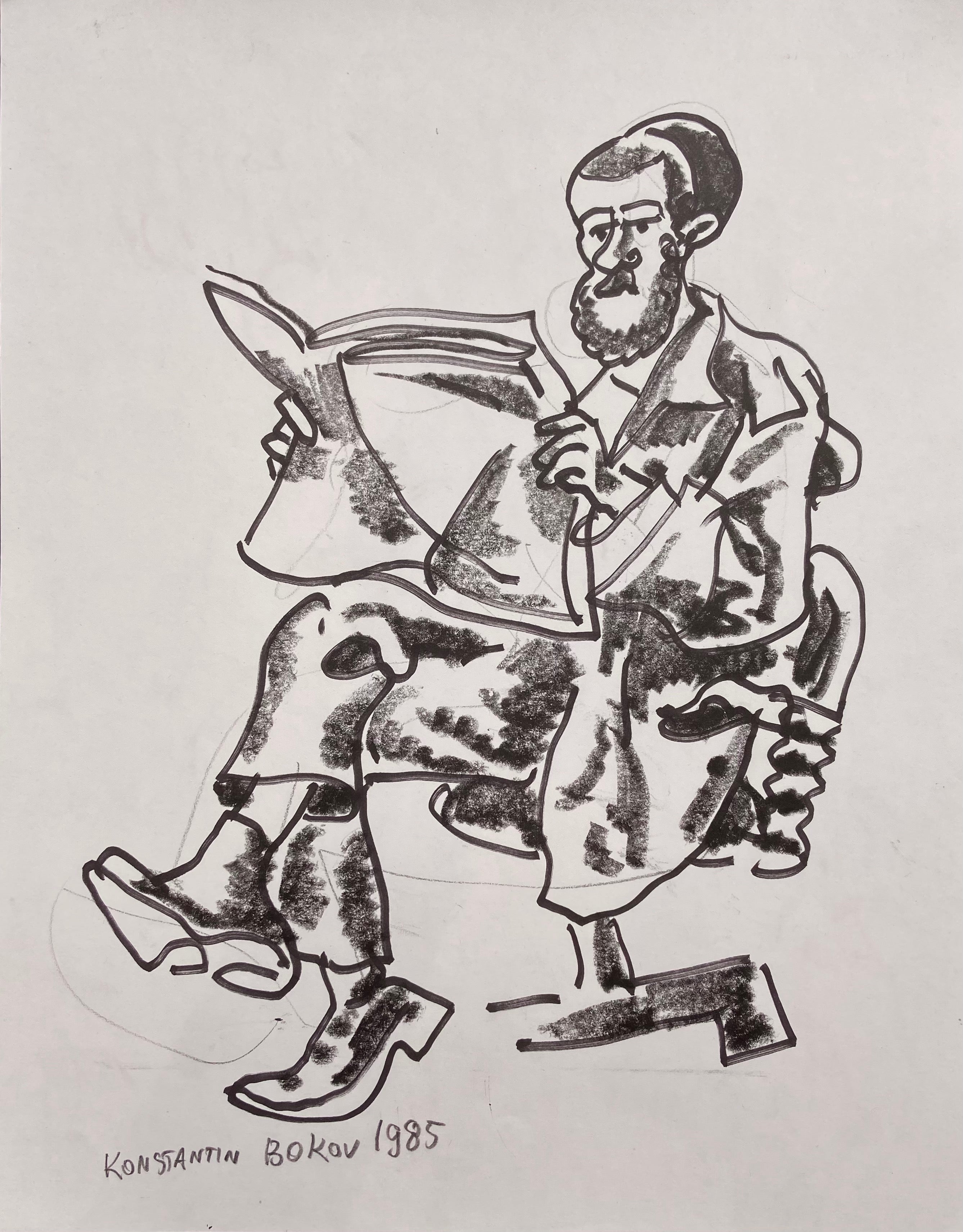 charcoal drawing of a man reading the newspaper
