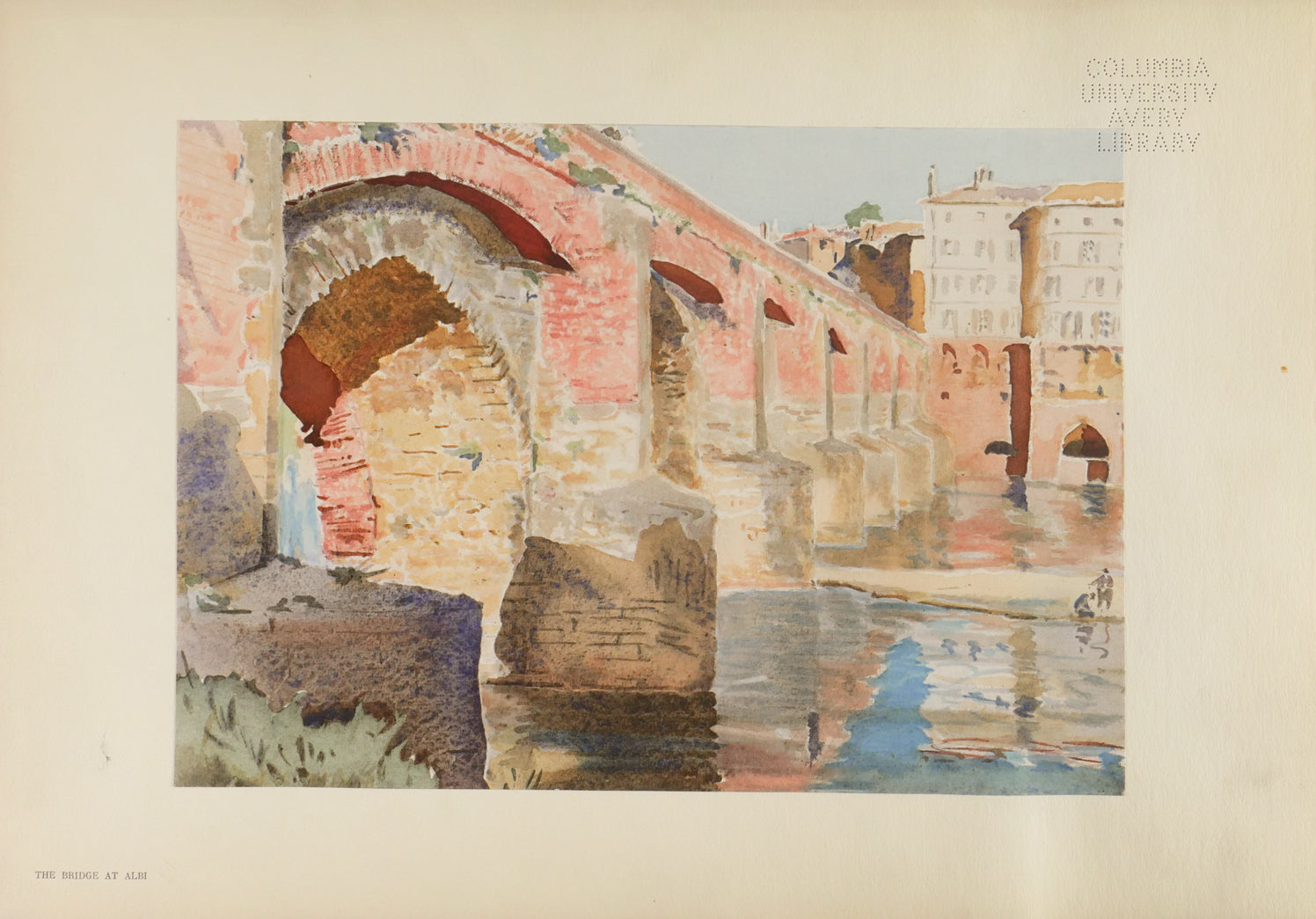A stone bridge with several arches is over a river, with a riverbank filled with plants alongside it, and a faroff city in the back. Print of a watercolor.