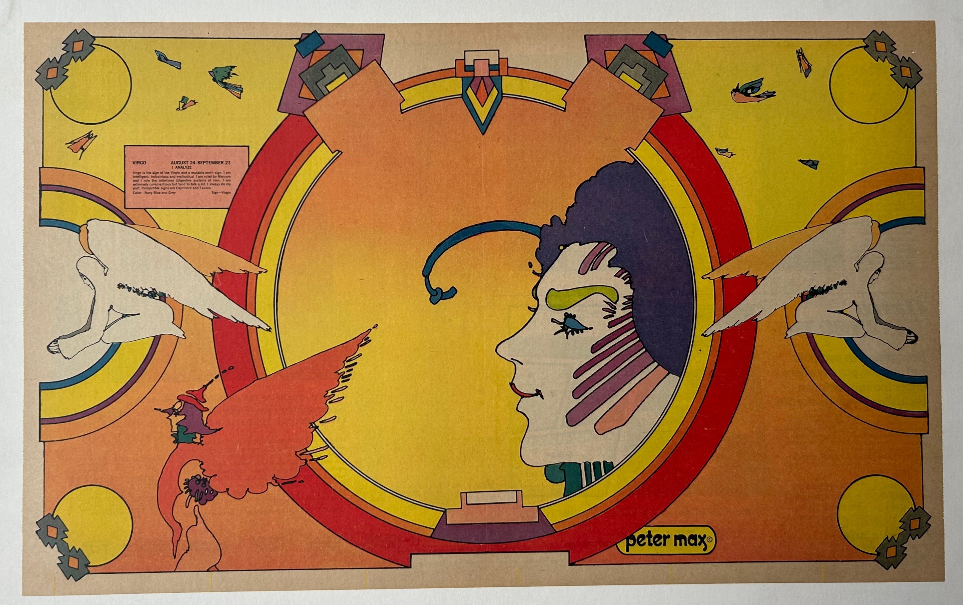 13.5x21.5 zodiac color lithograph by peter max; virgo featuring unique stylized illustration and sign description