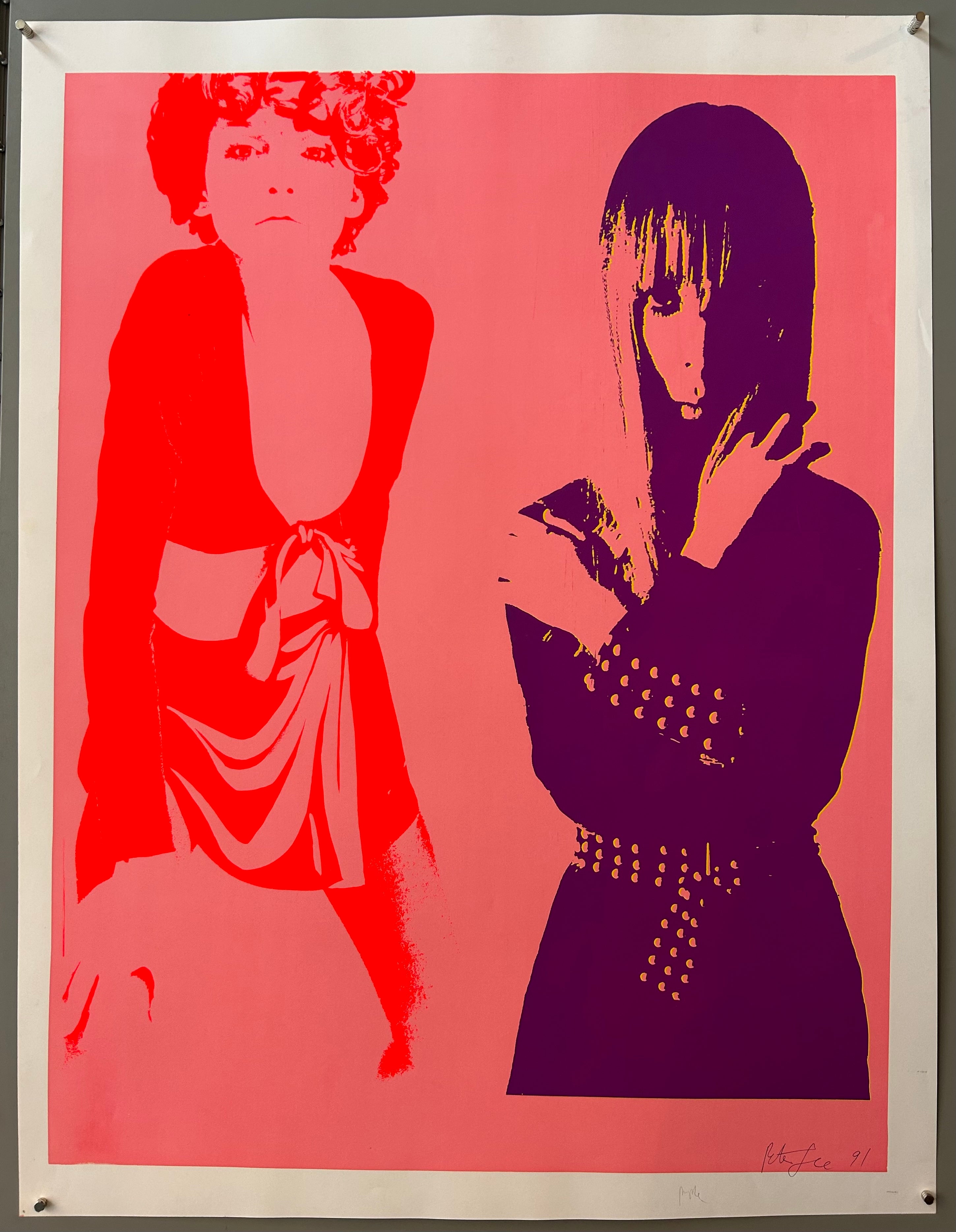 Two pop-art style images of women are side by side, with a pink background. The women are in orange and purple.