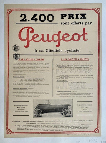 Link to  2.400 Prix sont offerts par Peugeot a su clientele cycliste  Beaulieu - imprimerie des automobiles et cycles Peugeotc.1912  Product