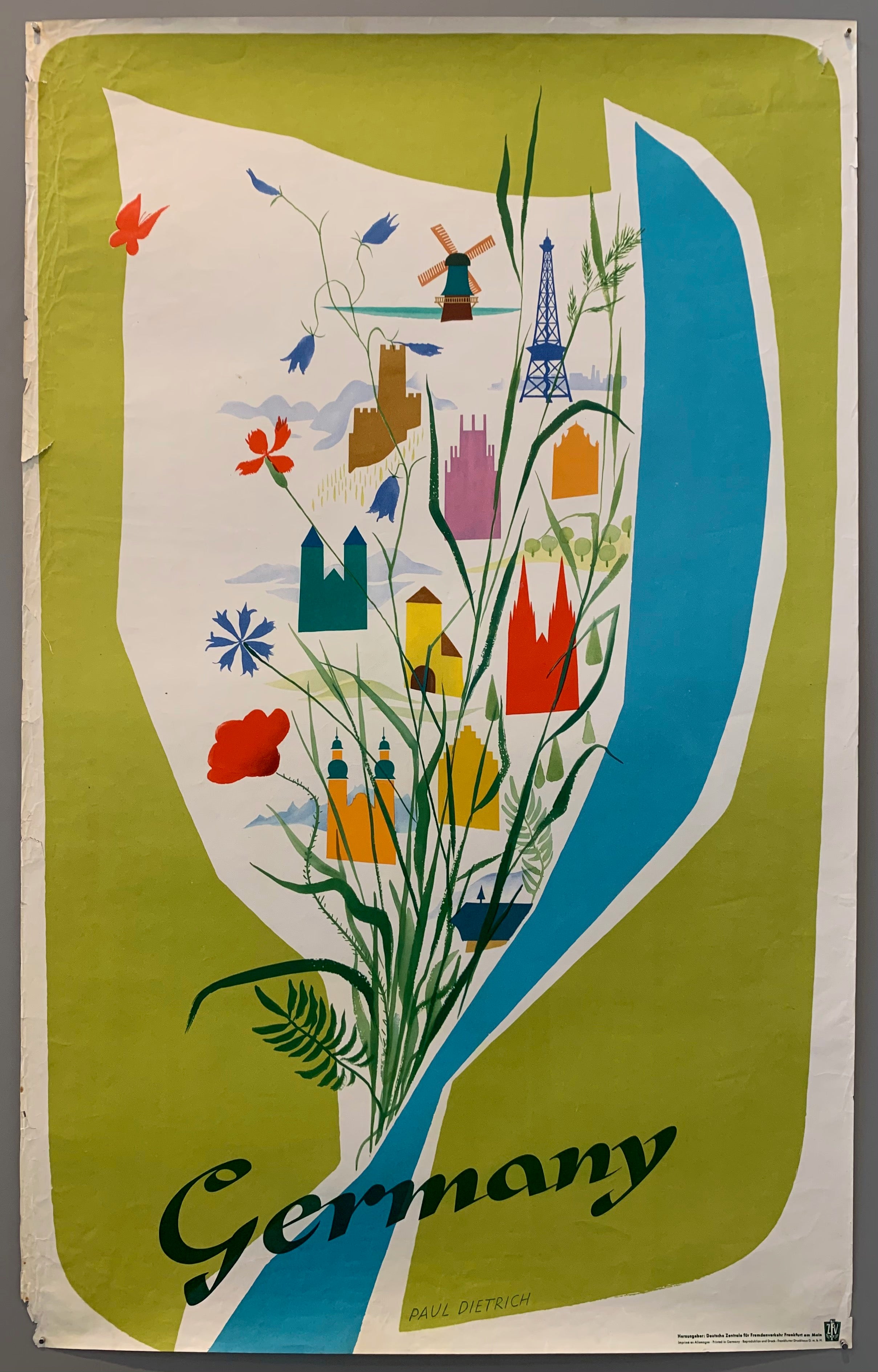 German travel poster printed in Germany. Poster shows a large bouquet made up of some green leaves and flowers and various German structures. Artist Paul DIetrich made many posters in a similar style advertising various places in Germany.