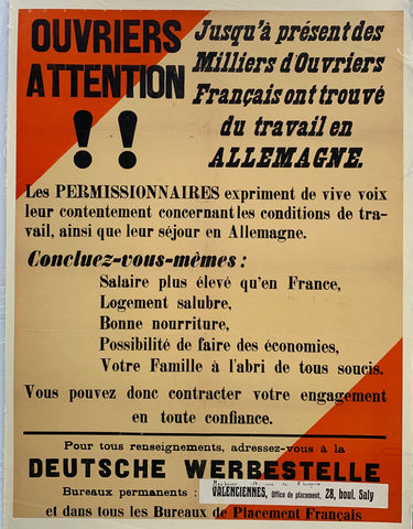 Link to  Ouvriers Attention "Jusqu'a present des Milliers d'Ouvriers Francais ont trouve du travail en Allemagne"France, C. 1941  Product