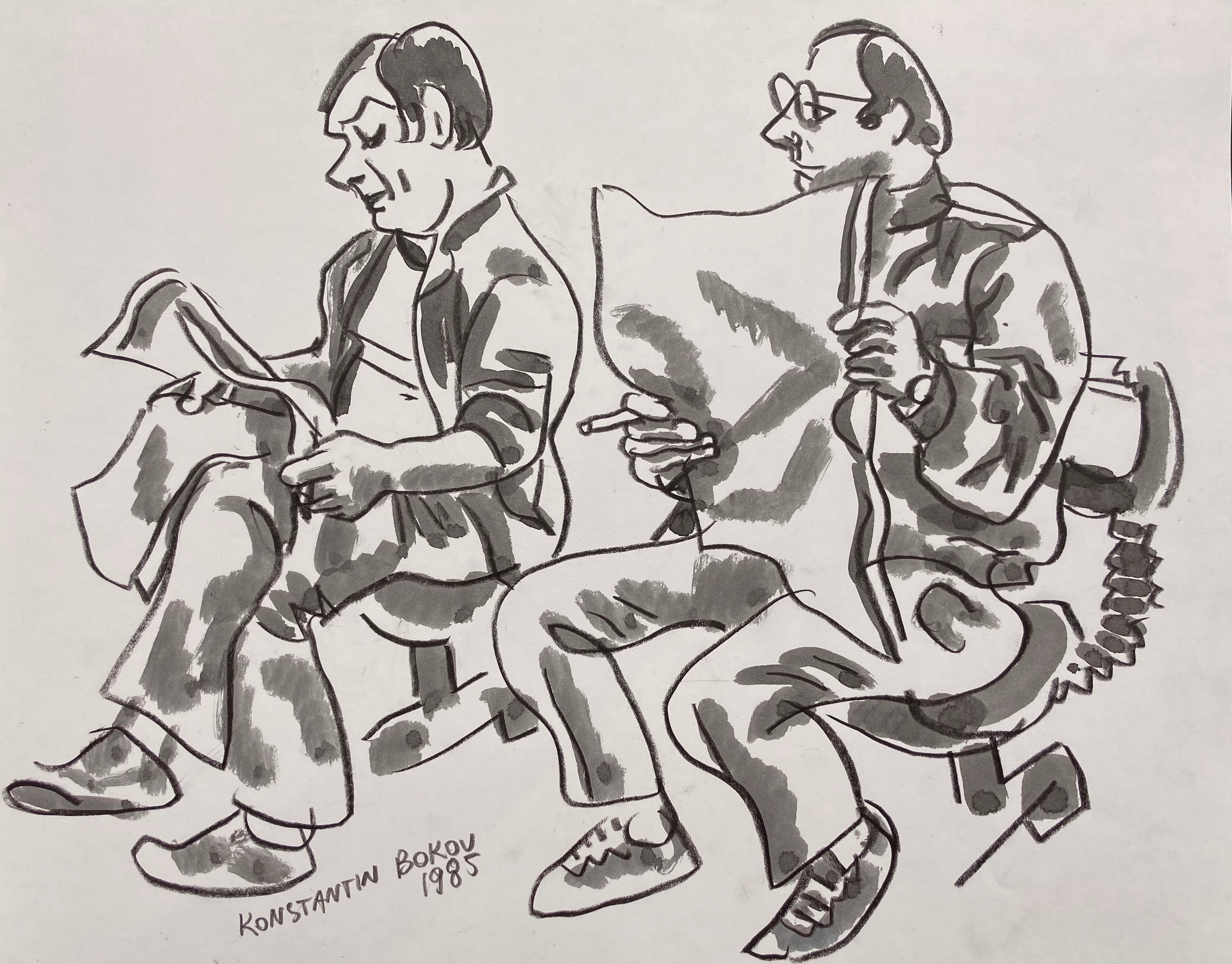 charcoal drawing of a two men reading the newspaper