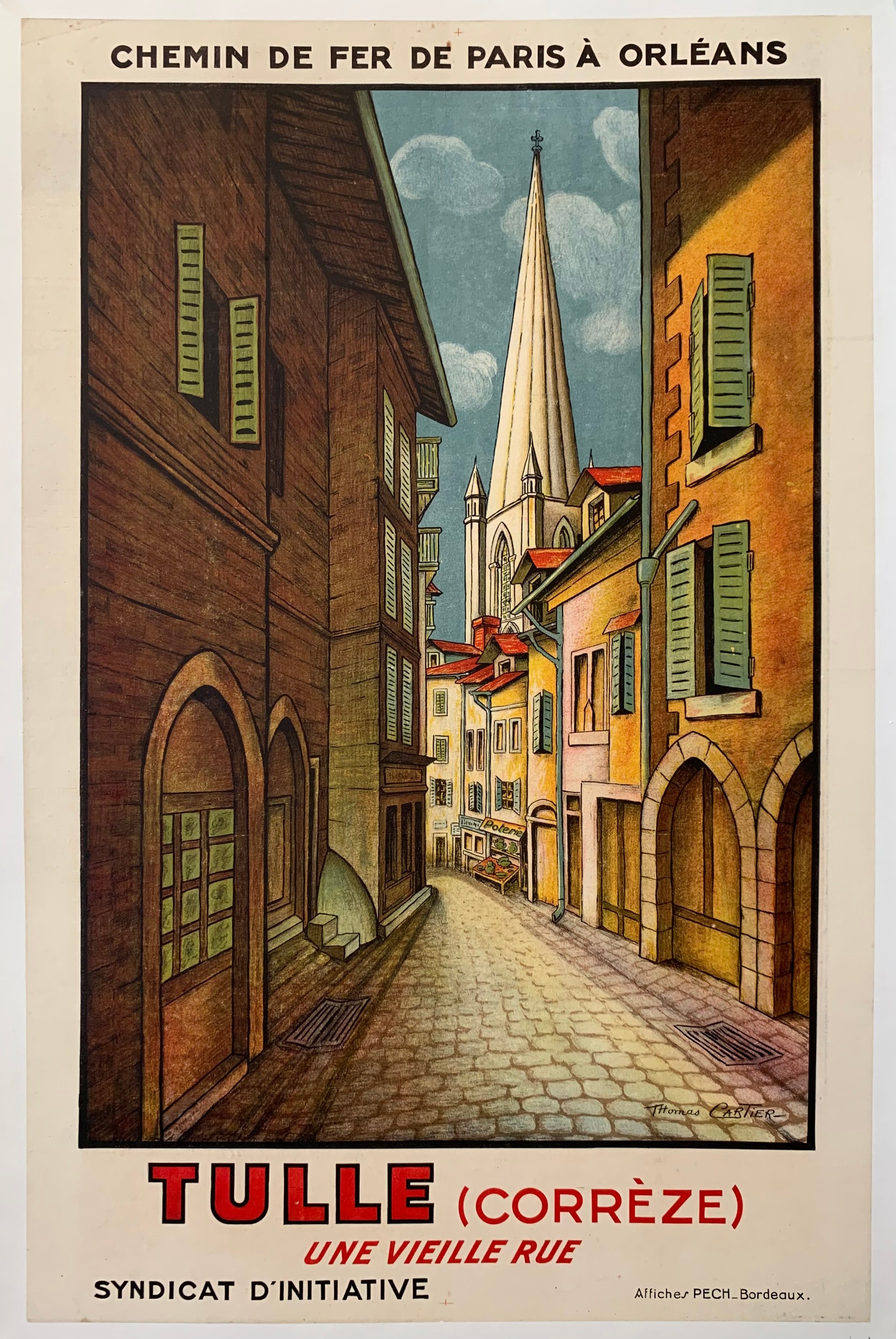 Illustration of a cobblestone street with a church in the background. White border with black text. 