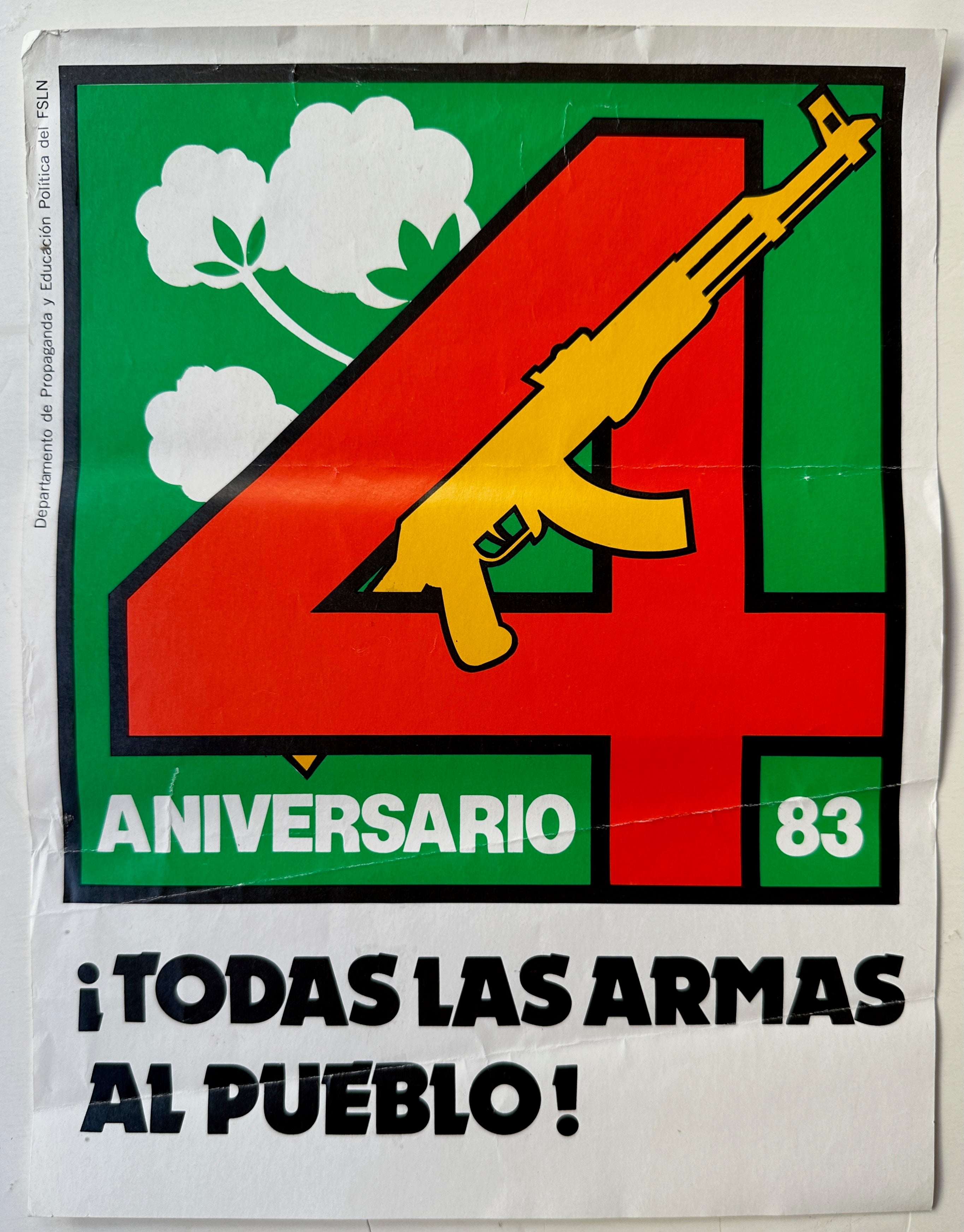 9x11 political poster of a 4 and a rifle sticking out of it against a green background