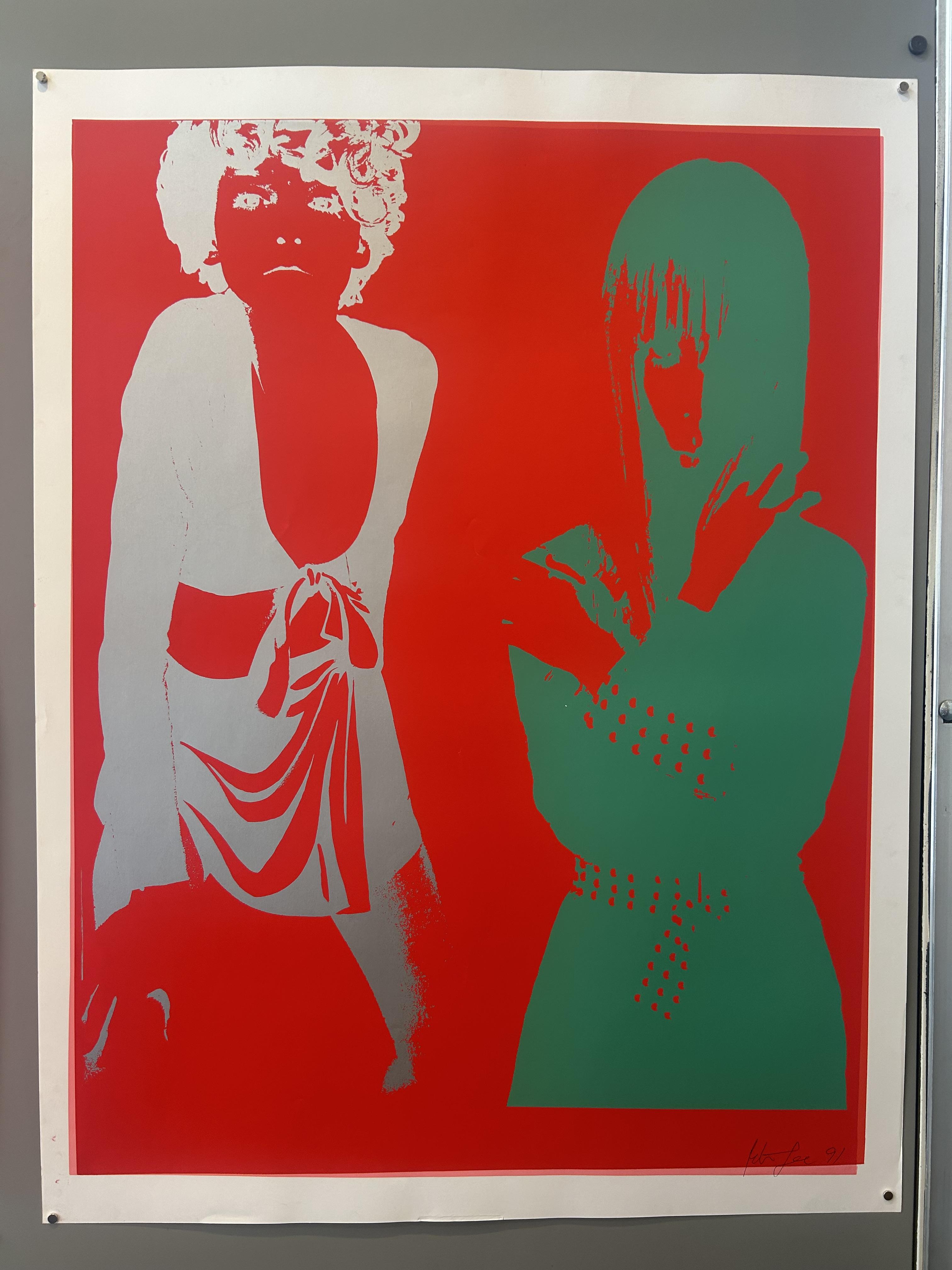 Two pop-art style images of women are side by side, with a red background. The women are in silver and teal.