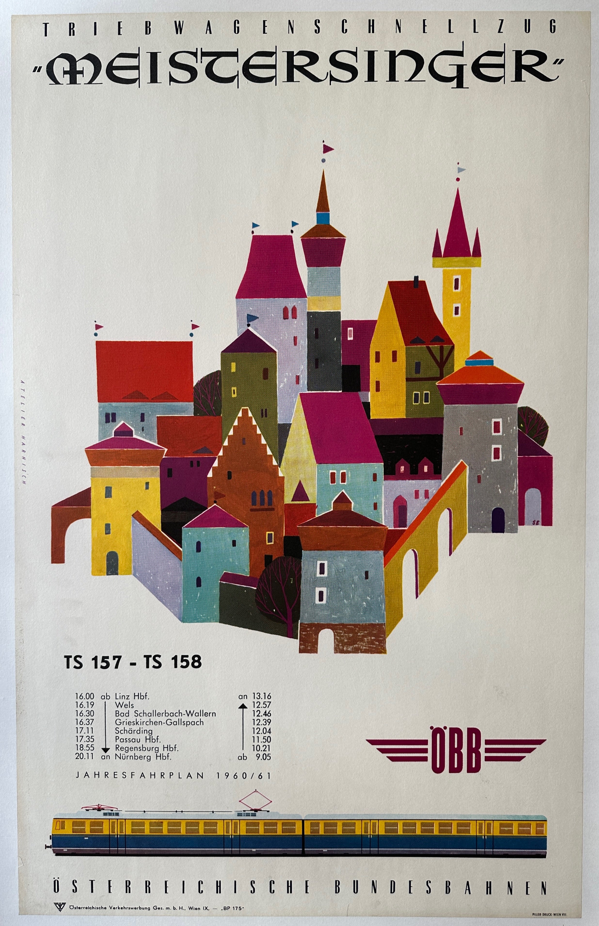 25x39 linen backed railway poster promoting travel to Germany and featuring an illustration of towers and castles overlapping against a white background