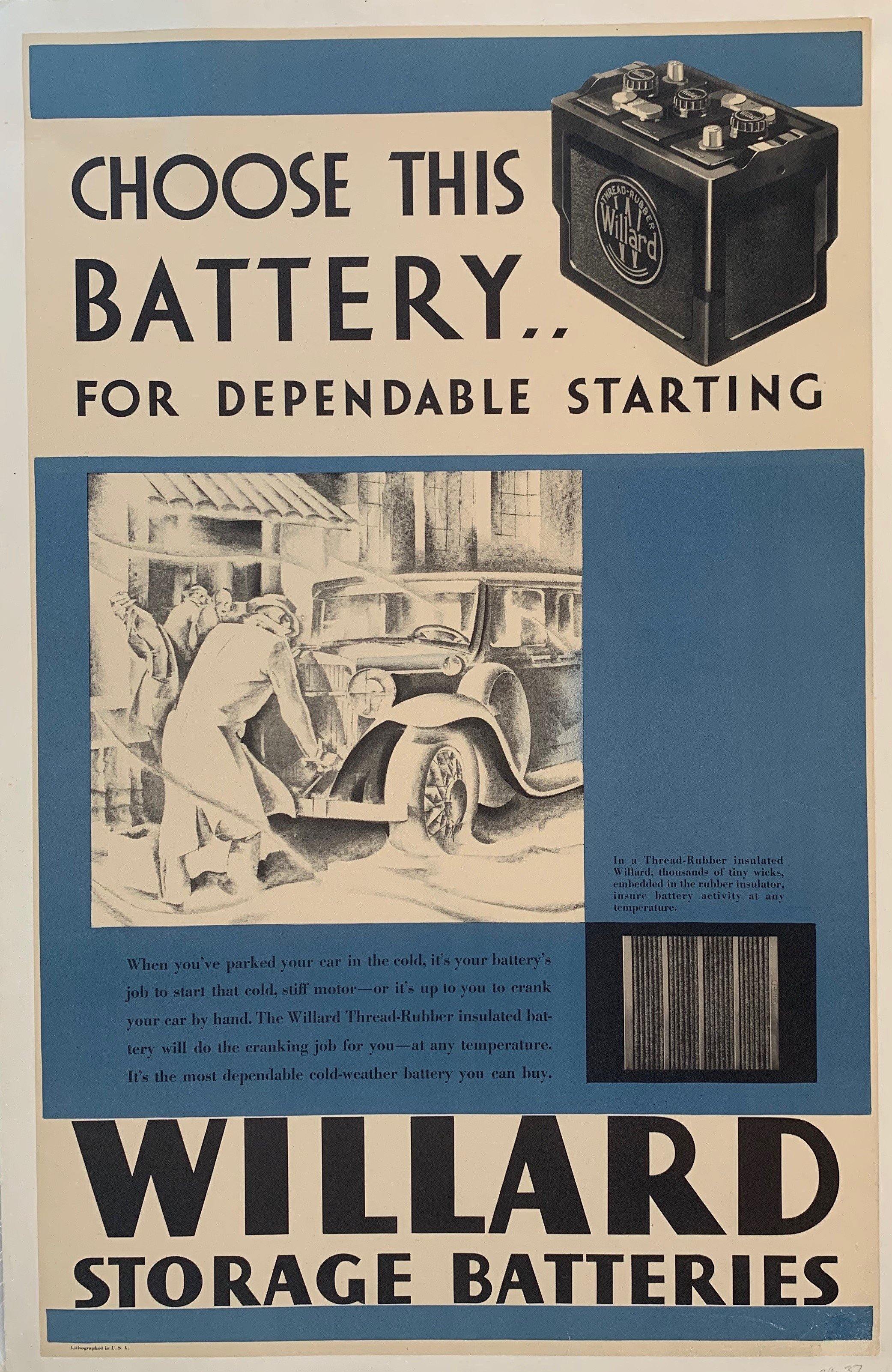 Background blue and white. Small picture of repair man replacing a car battery in model T