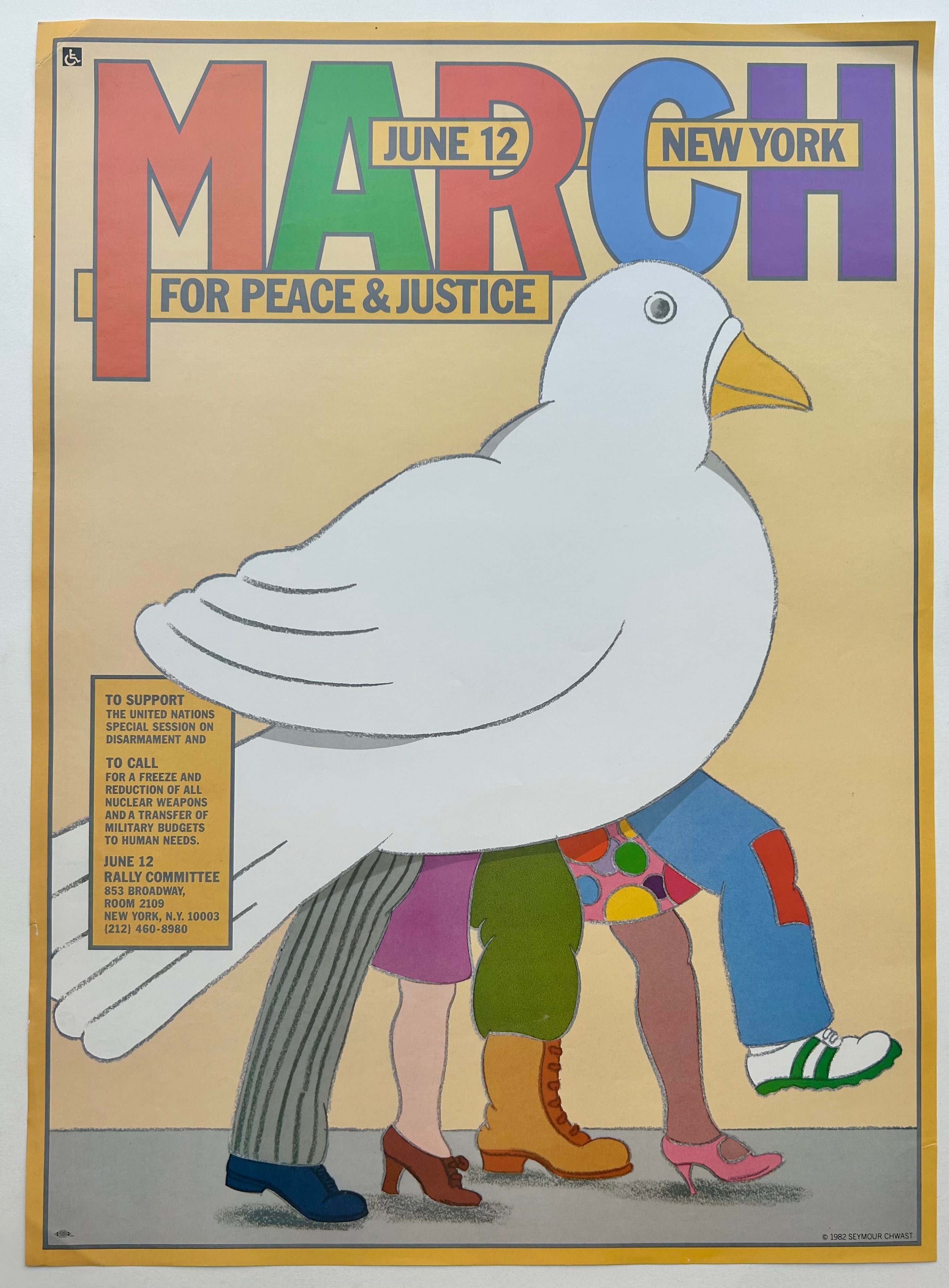 Light yellow background with yellow border shows a sketch of a white dove with five legs walking under the bird. MARCH is written in orange, green, red, blue, and purple. 