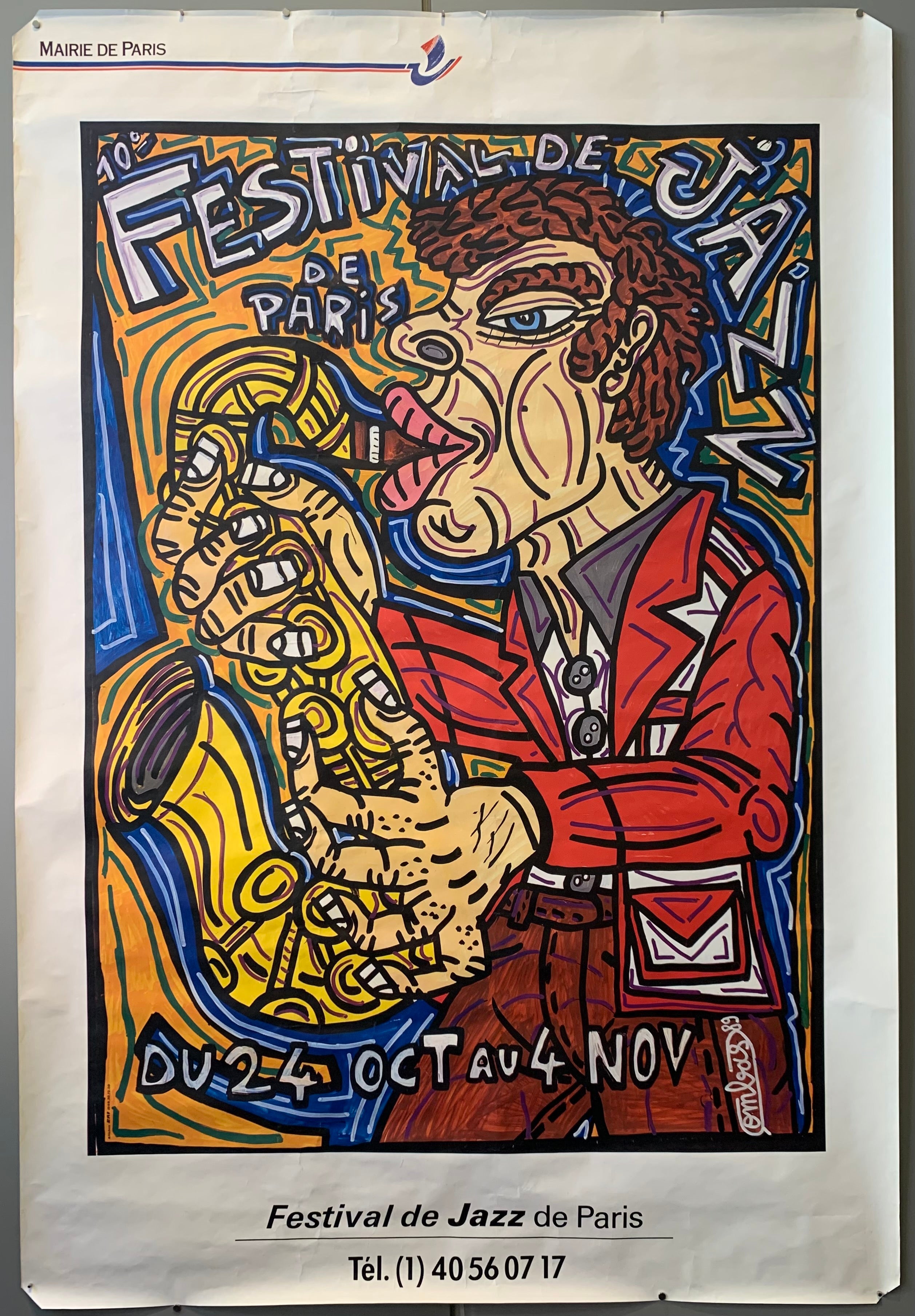 A man playing saxophone is drawn with a white border. 