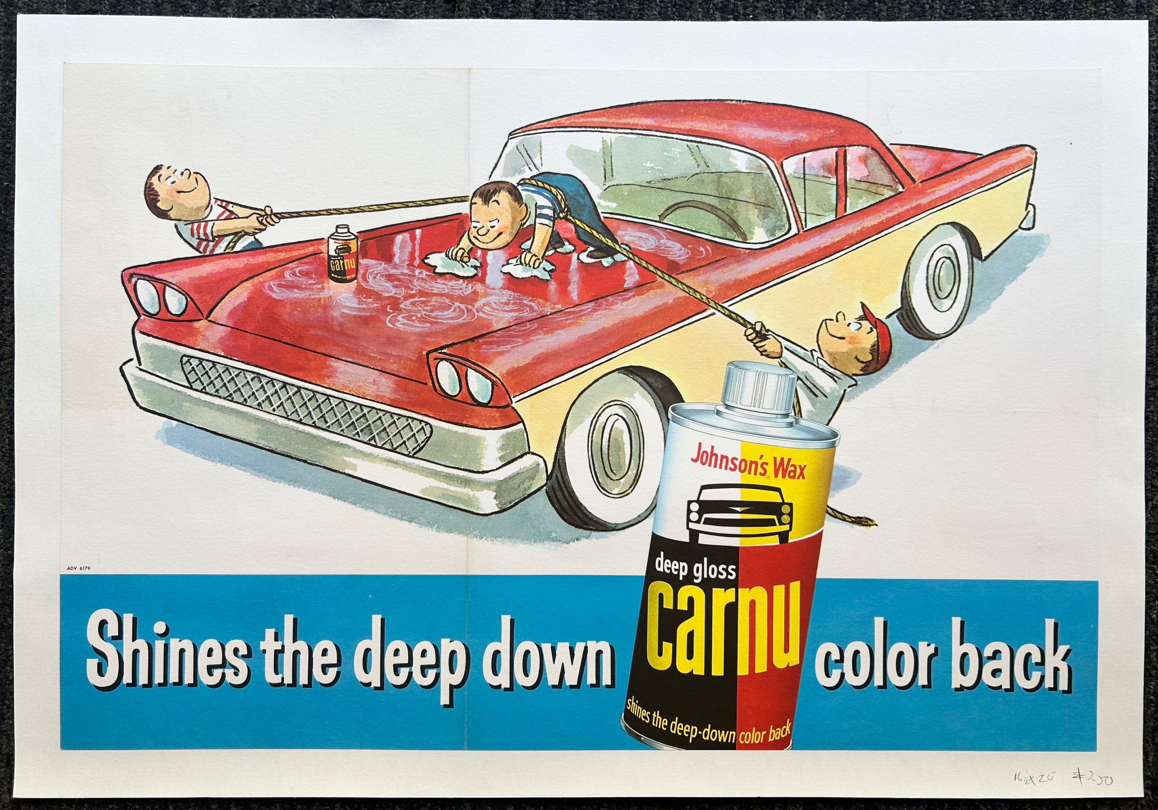 Blue border on the bottom with text and an image of the wax can. A drawing of a boy on top of a red car waxing while two boys hold him up with a rope. 