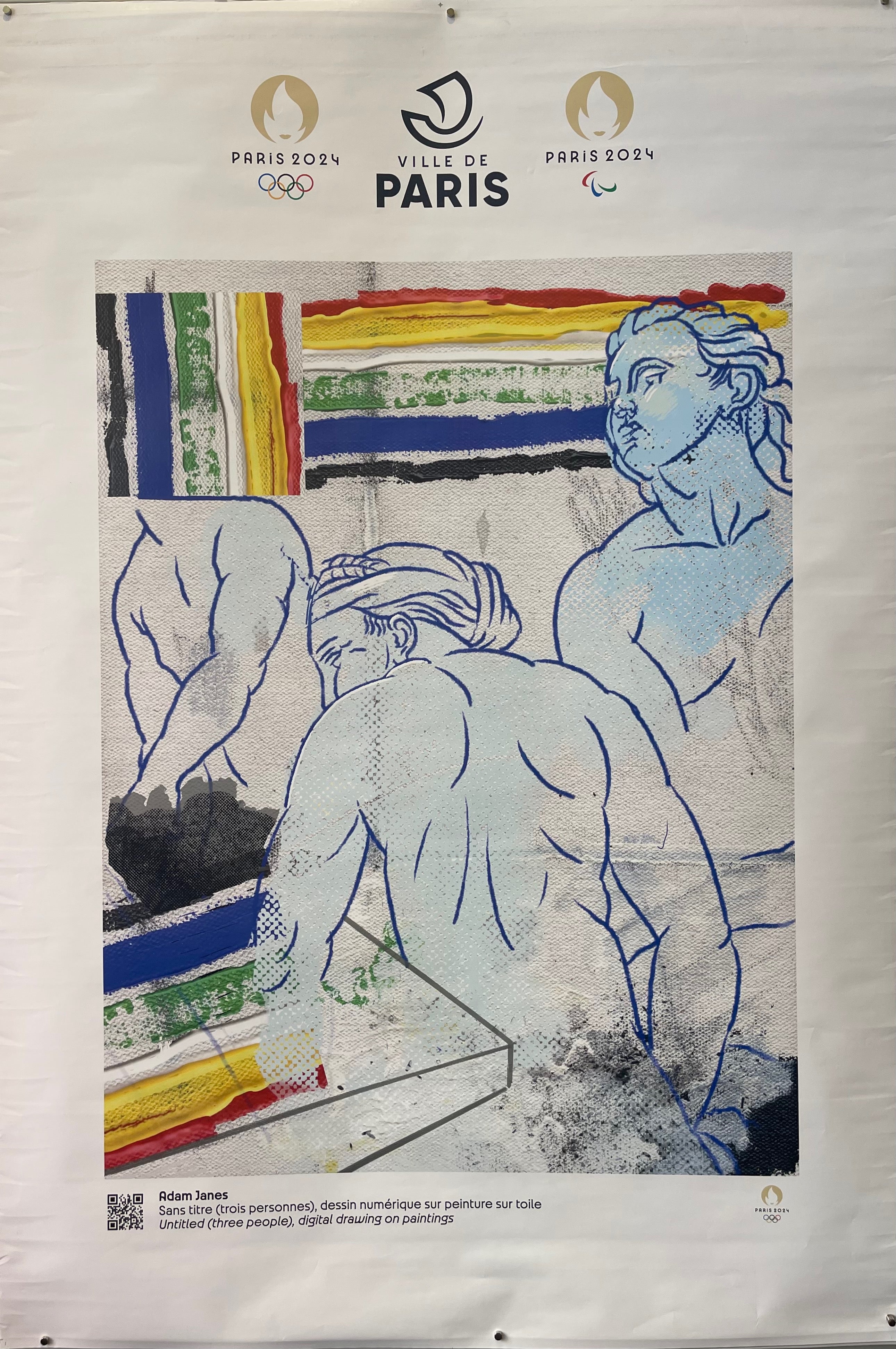 70x47 french 2024 olympics cultural olympiad poster featuring three figures in greek roman statue style with paint stripes