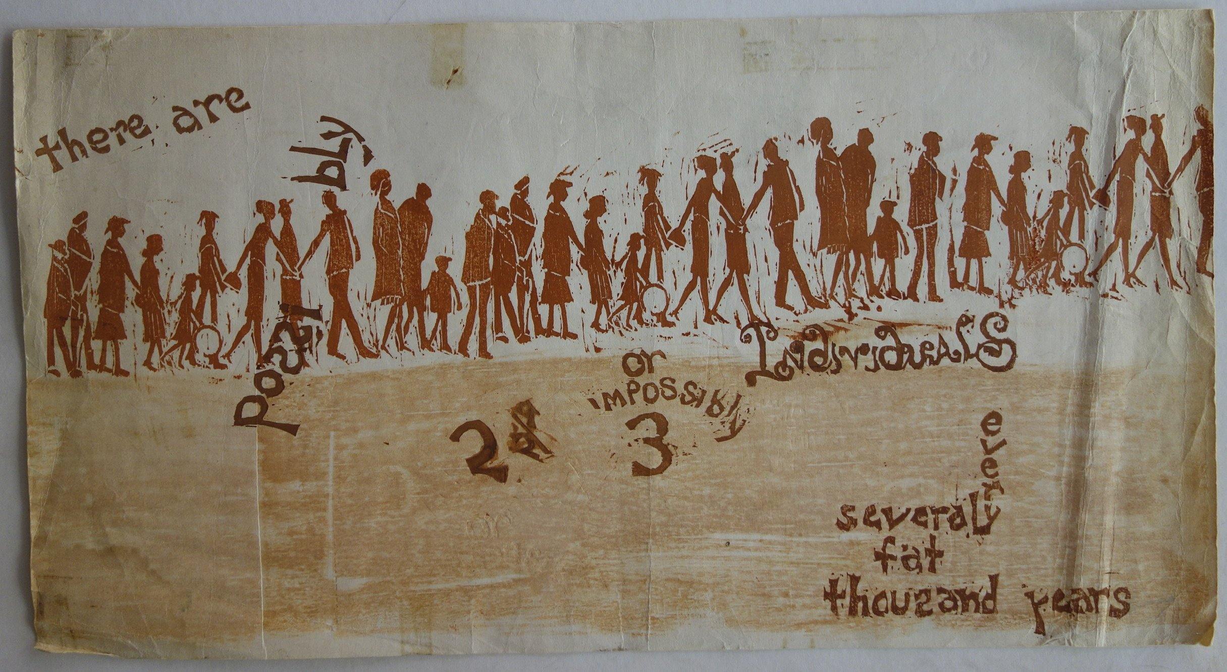 half of page brown and half white.33 shadow image men woman and children walking across page