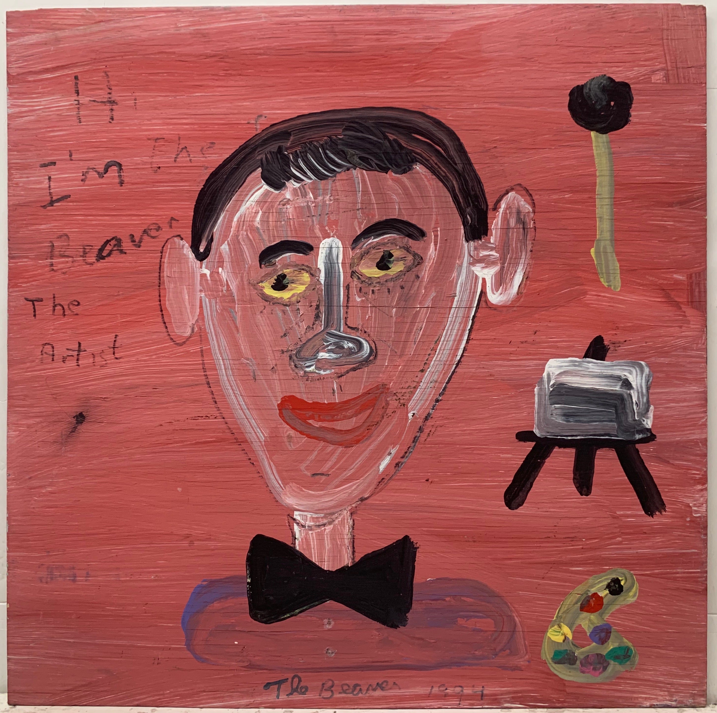 A self-portrait by the Beaver wearing a bowtie and with an easel and palette. 