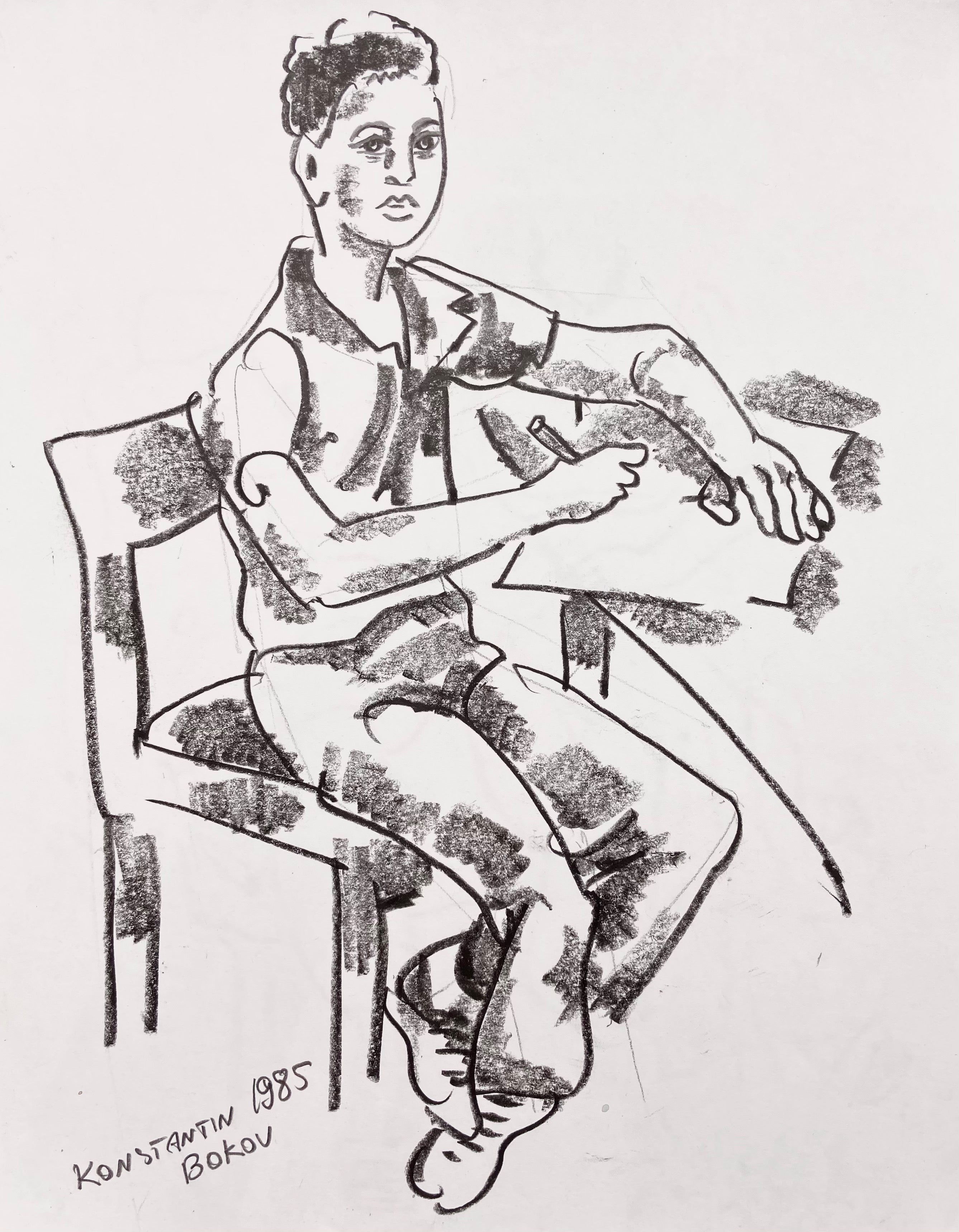 charcoal drawing of a man taking notes