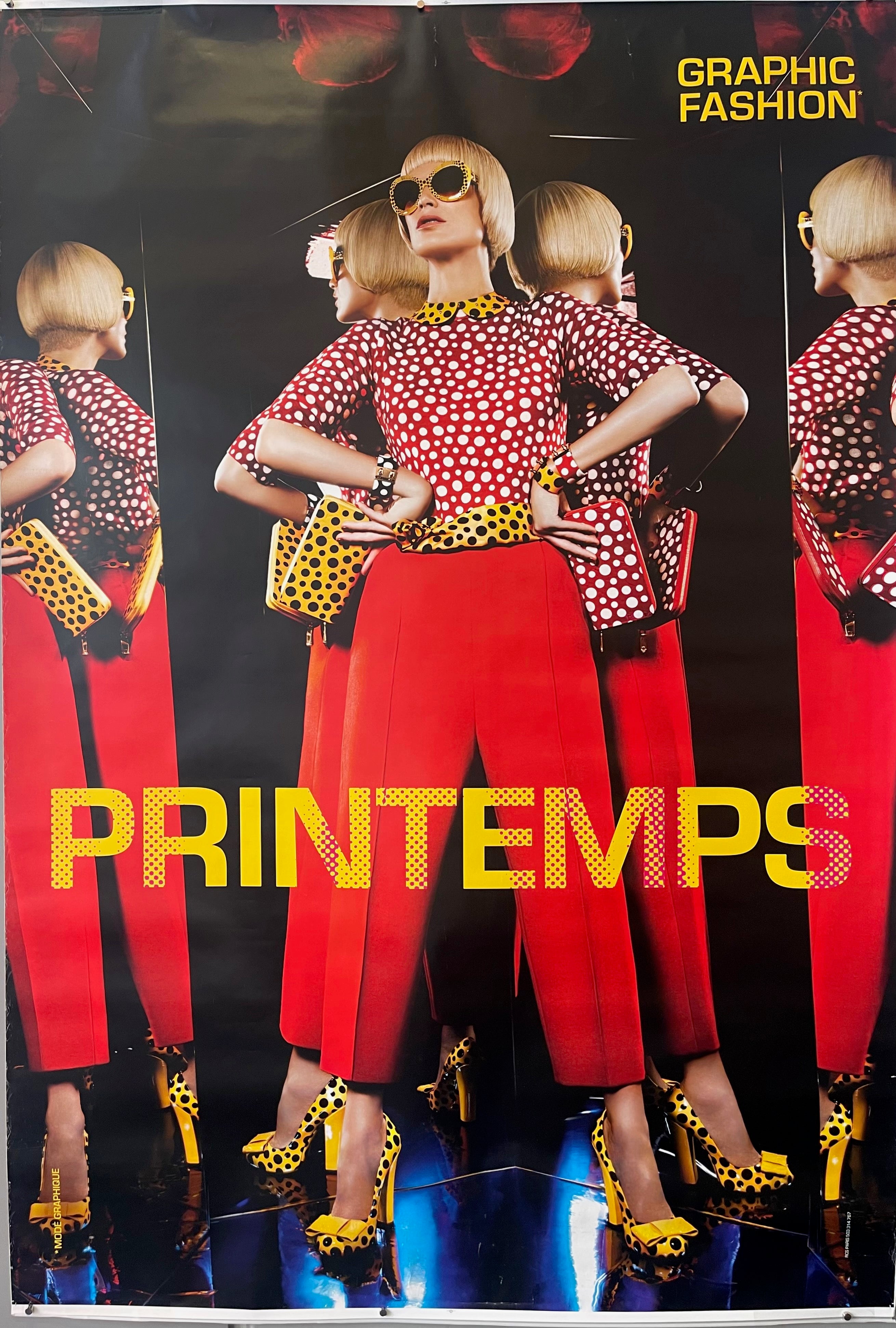 70x47 french magazine cover for clothing store printemps featuring woman wearing bright colorful polka dot outfit reflected in multiple mirrors