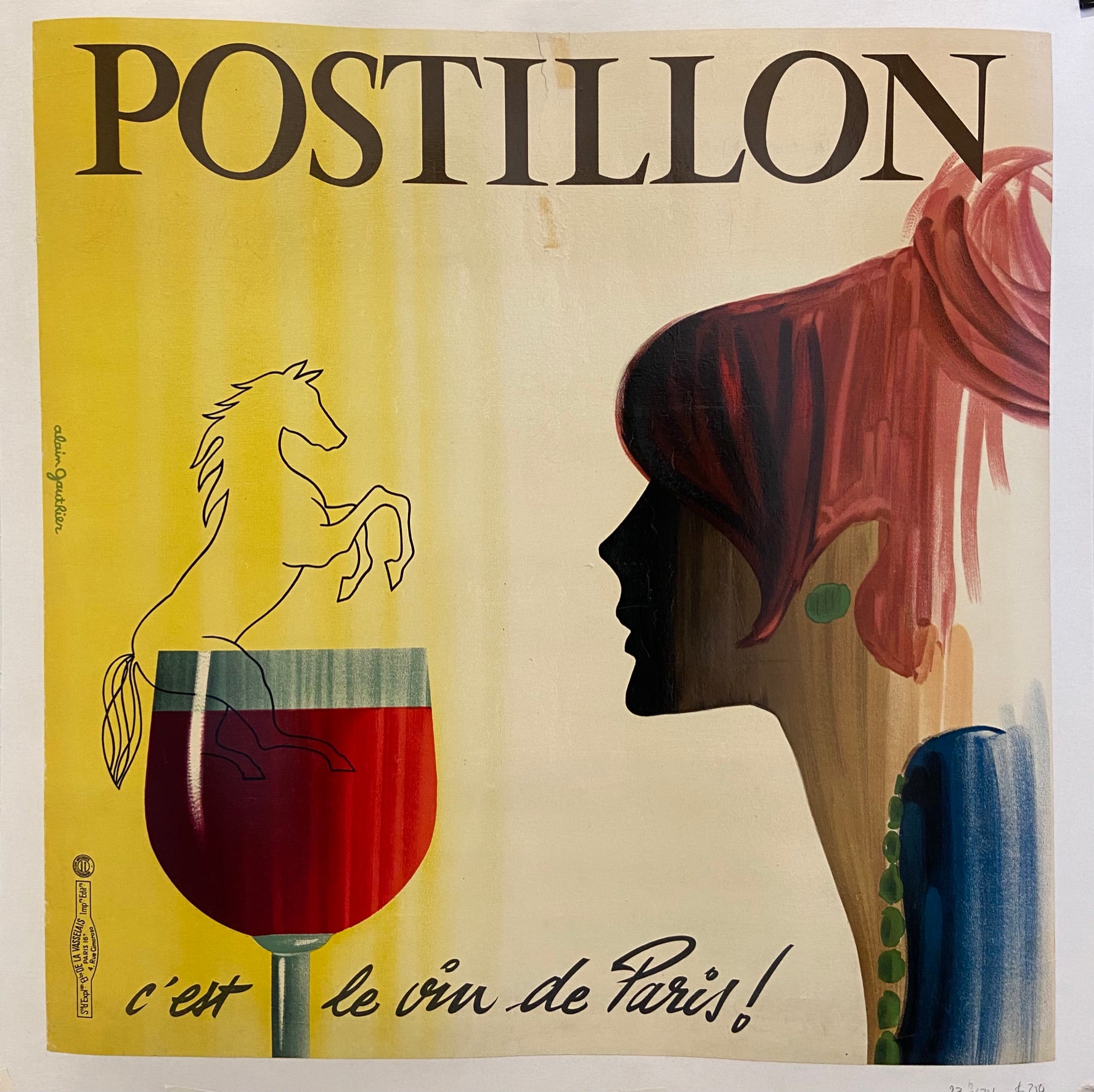 Poster for Postillon wine featuring a woman in profile sitting before a glass of red wine