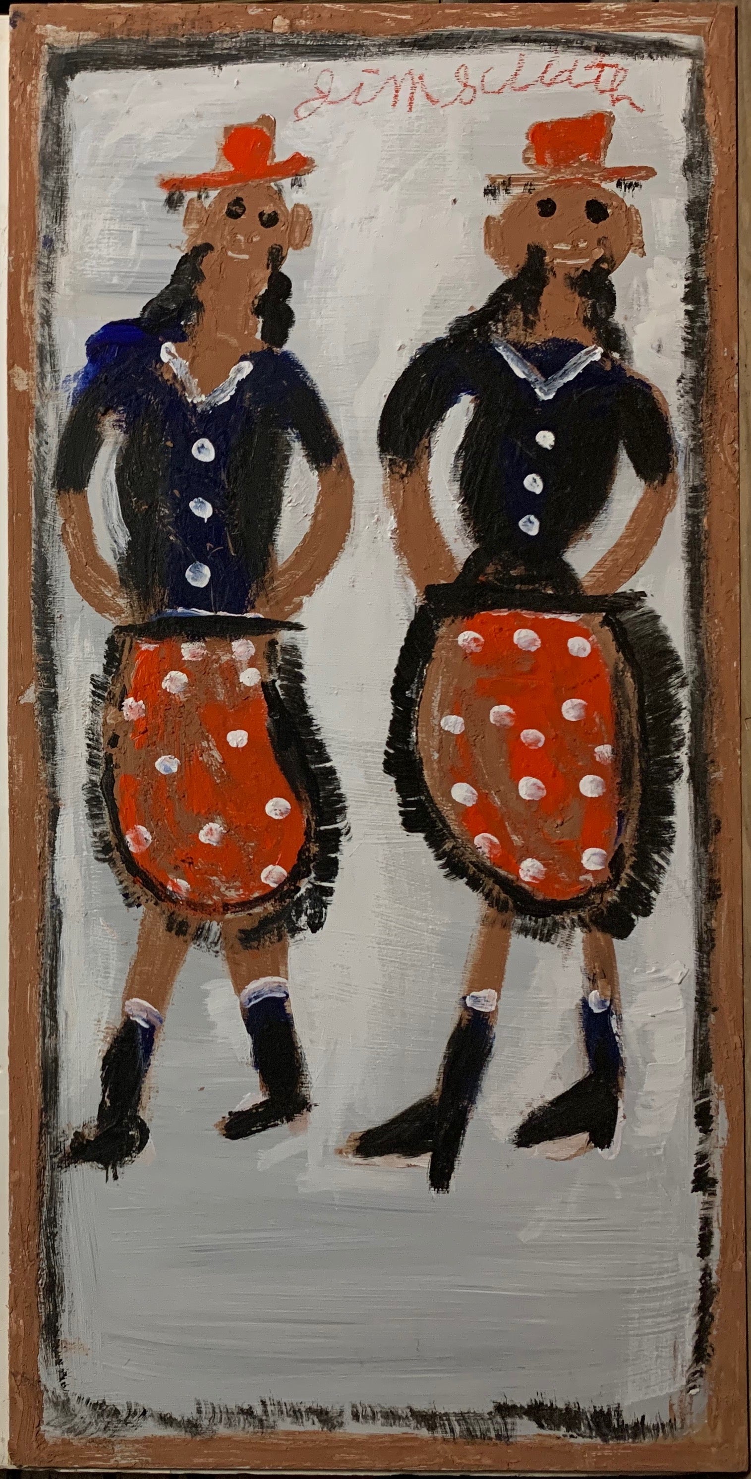 A painting of two ladies in blue blouses with red skirts. 