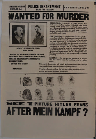 Link to  Hitler Wanted for Murder "See the Picture Hitler Fears After Mein Kampf?"USA, C. 1940  Product