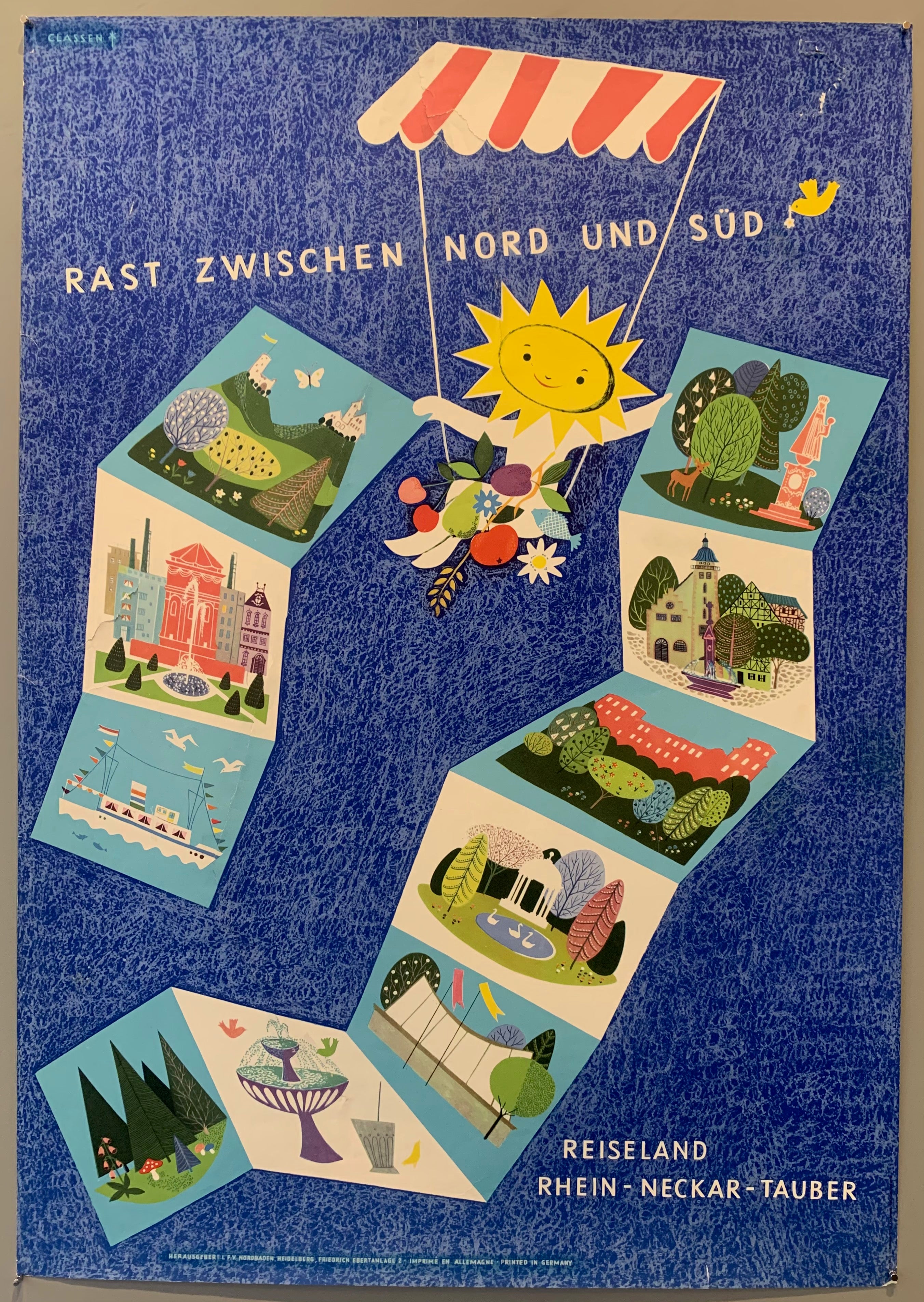 Poster advertising travel destinations Rhine, Neckar, and Tauber, some of Germany's main rivers, implying a place to rest between north and south Germany. There is a sun. creature flying in a seat with fruits and fish in its lap, holding fold out postcards of travel destinations. 