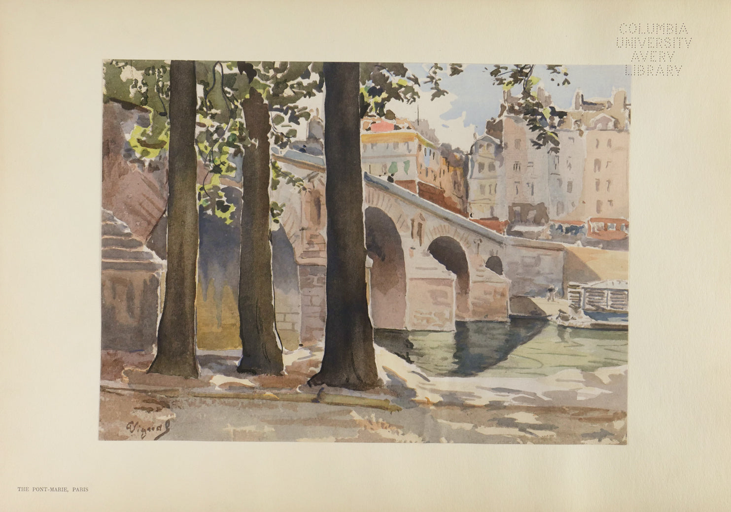 A stone bridge with several arches is over a river, with a riverbank filled with plants alongside it, and a faroff city in the back. Print of a watercolor.