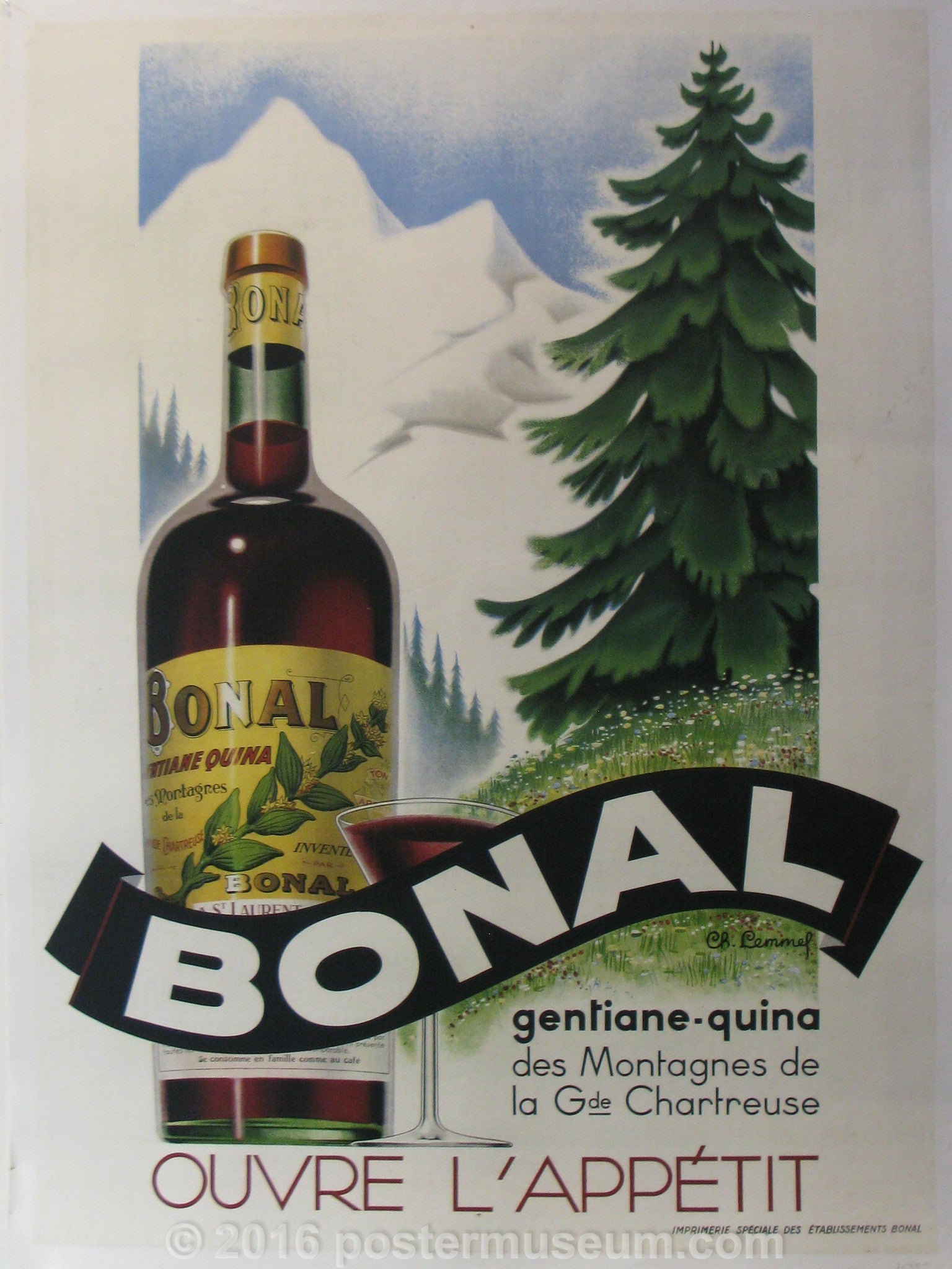 A large bottle sits with a large evergreen tree, Bonal the key to you appetite 