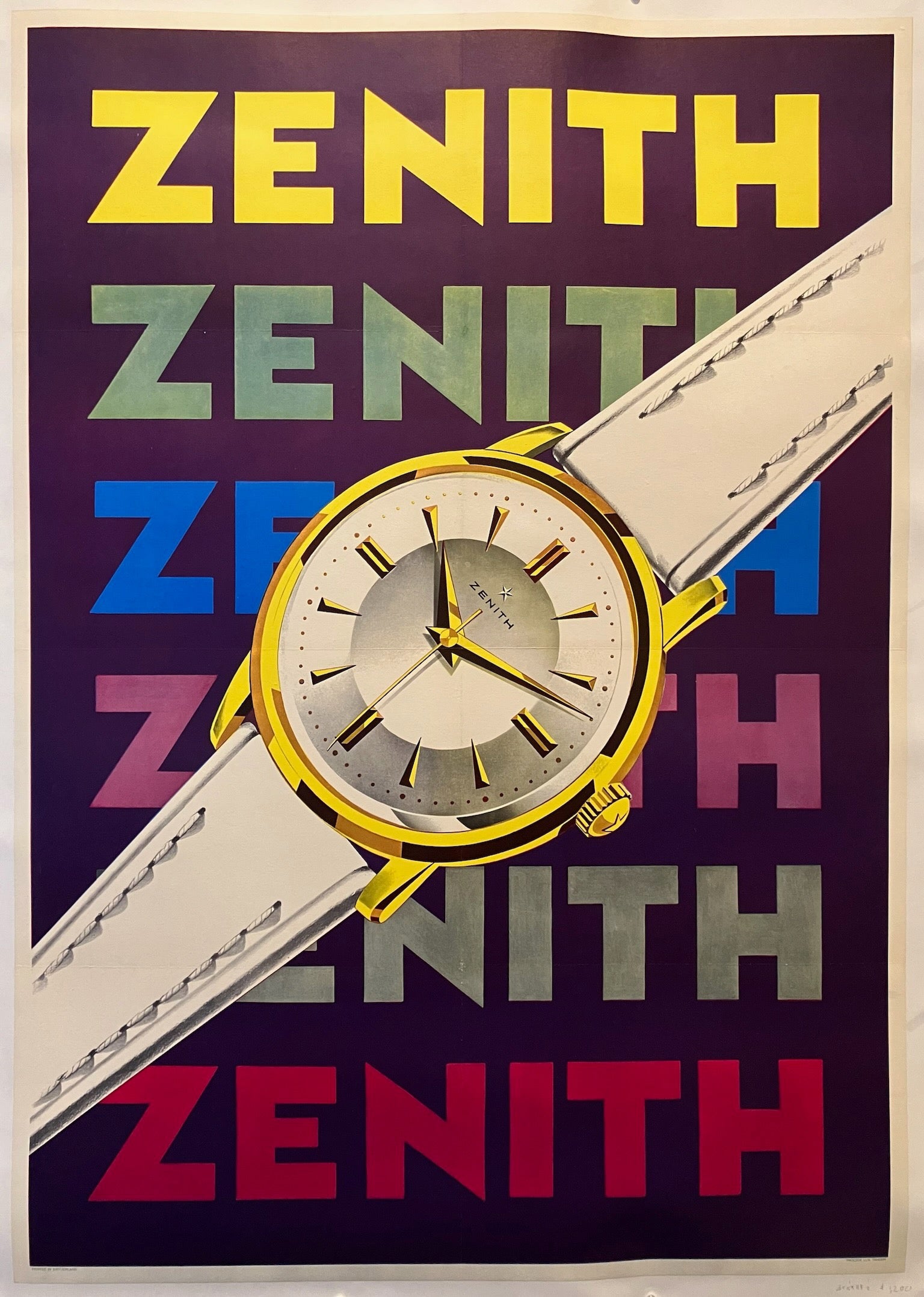 35x49.5 Zenith watch advertising poster featuring an oversized watch face across repeating text