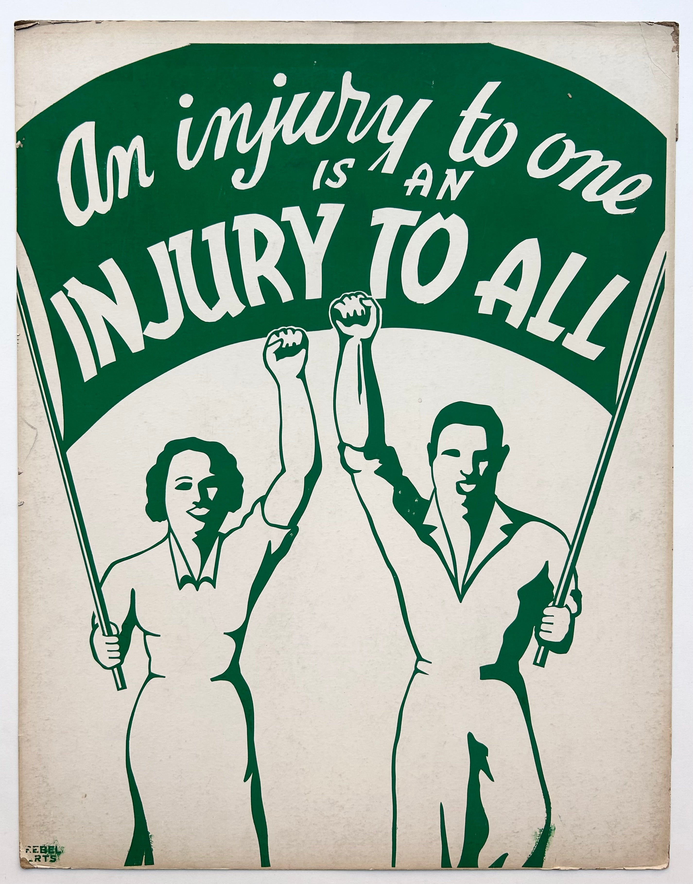 Cardboard poster with white background and green imaging. Two people holding a sign march with their fists in the air. 