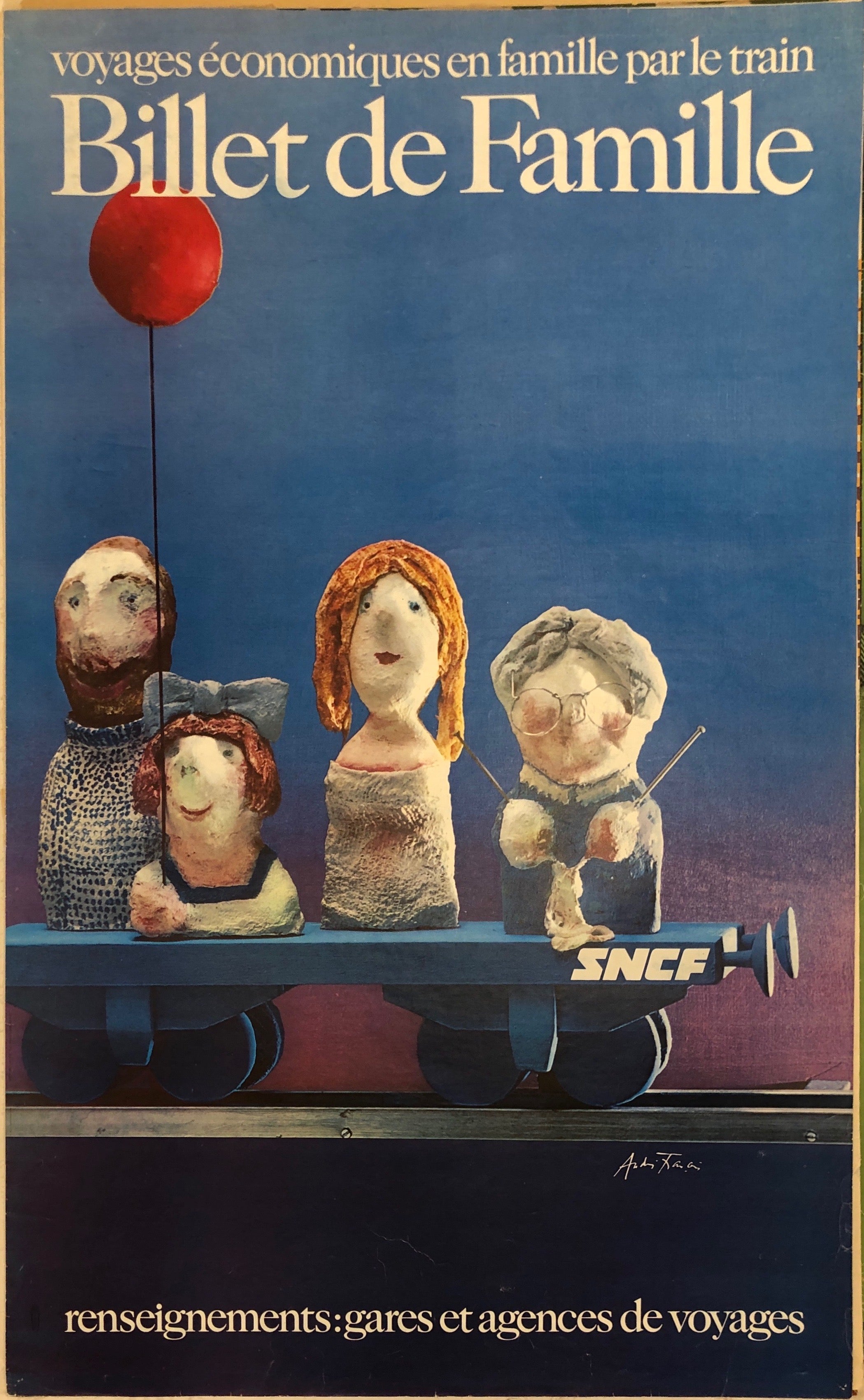 A blue background has a family of four at the front in clay sculptures. They are cruedly made. They are on a tiny cart, meant to be a train. The font is bold and big, at the top. 