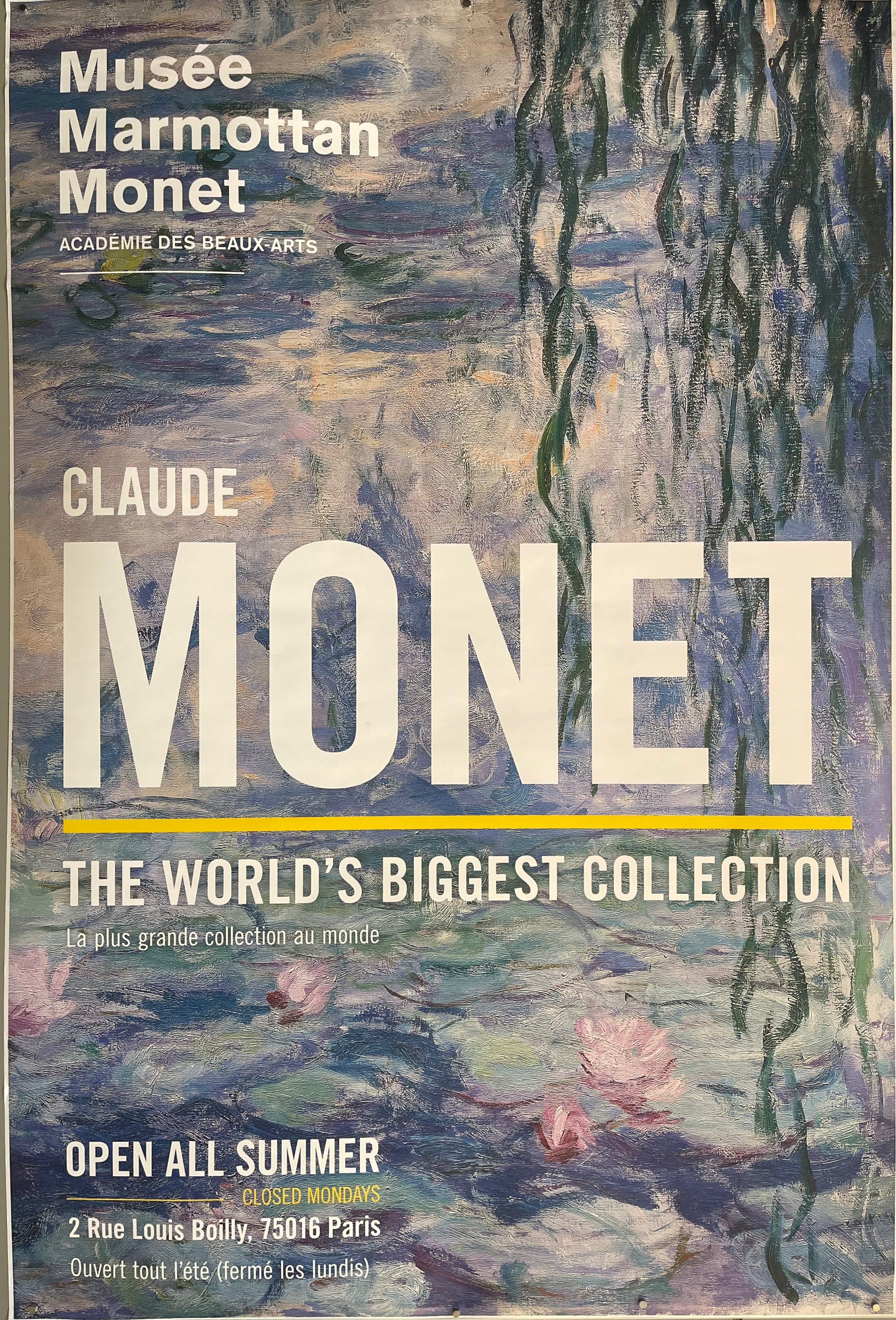 70x47 french museum poster for claude monet painting collection featuring exhibition information with monet painting in background 