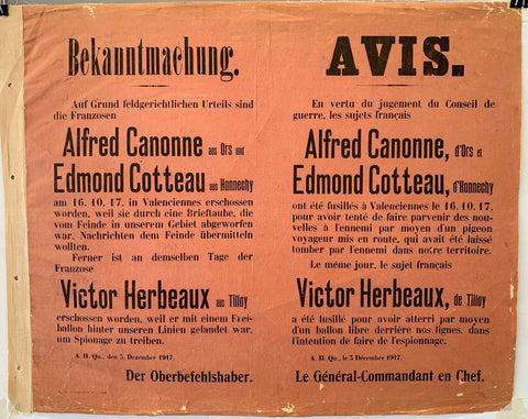 Link to  Bekanntmachung - Aufgrund landgerichtlichen Urteils sind die Franzosen Alfred Canonne aus Ors und Edmond Cotteau aus HonnechyFrance, C. 1917  Product