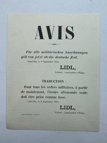 Link to  Avis "Für alle militärischen Anordnungen gilt von jetzt an die deutsche Zeit"France, C. 1914  Product
