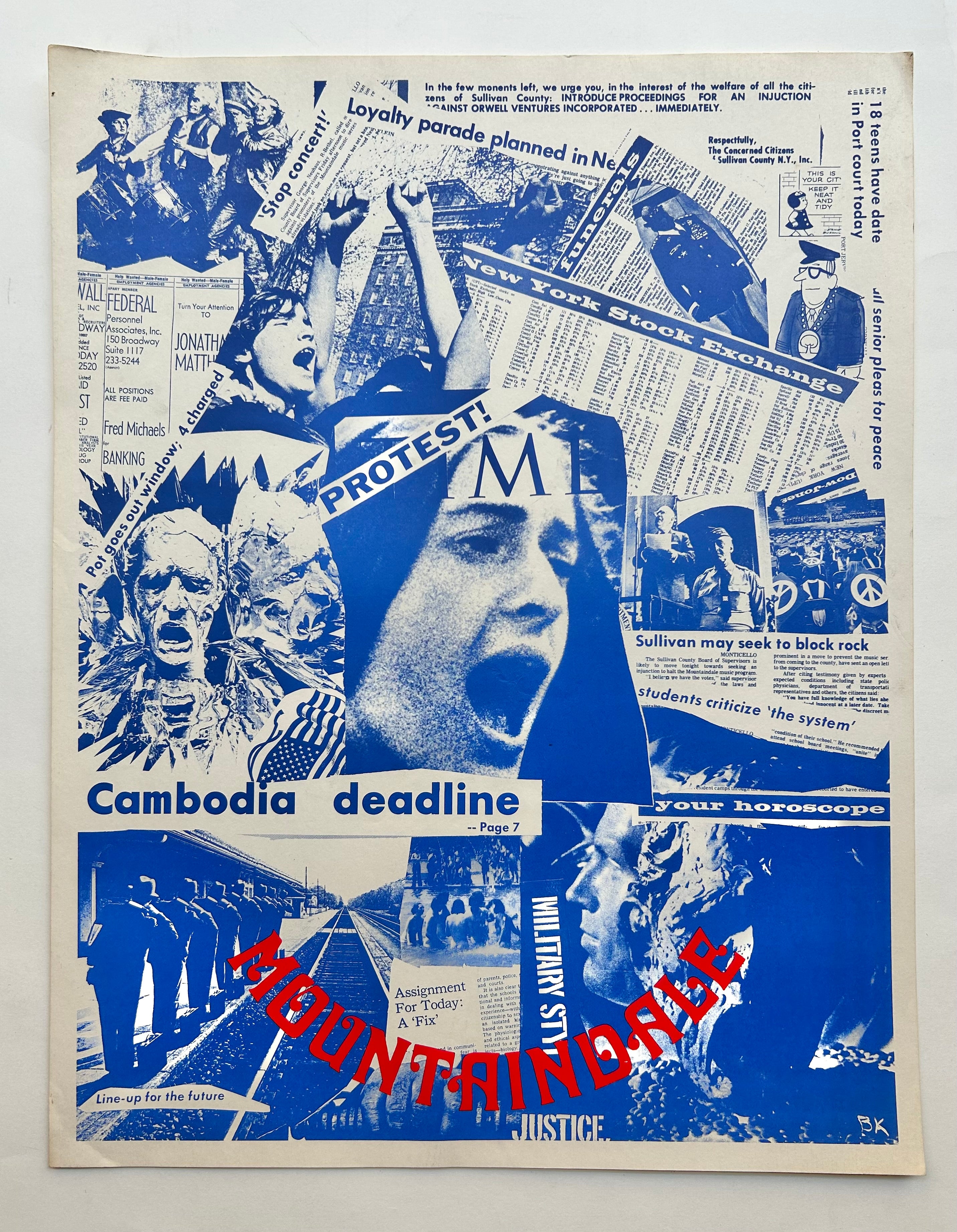 Blue and white collage of people protesting and newspaper clippings, text is on the bottom in red. 