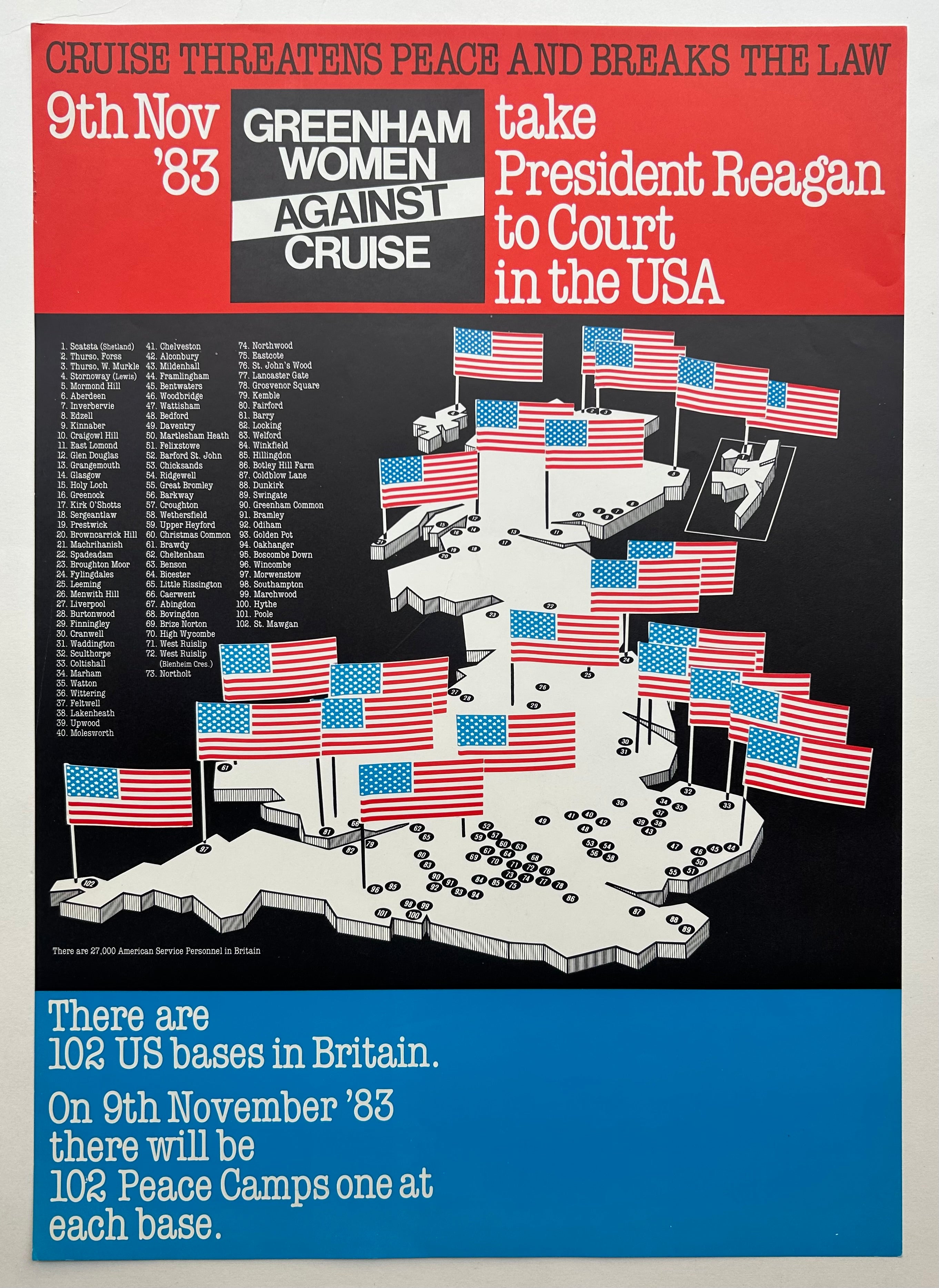 A map of Great Britain is shown with American flags placed on many of the US military bases. The bases are all written out in white text. THe poster is split into colorful blocks of red, black, and blue. 