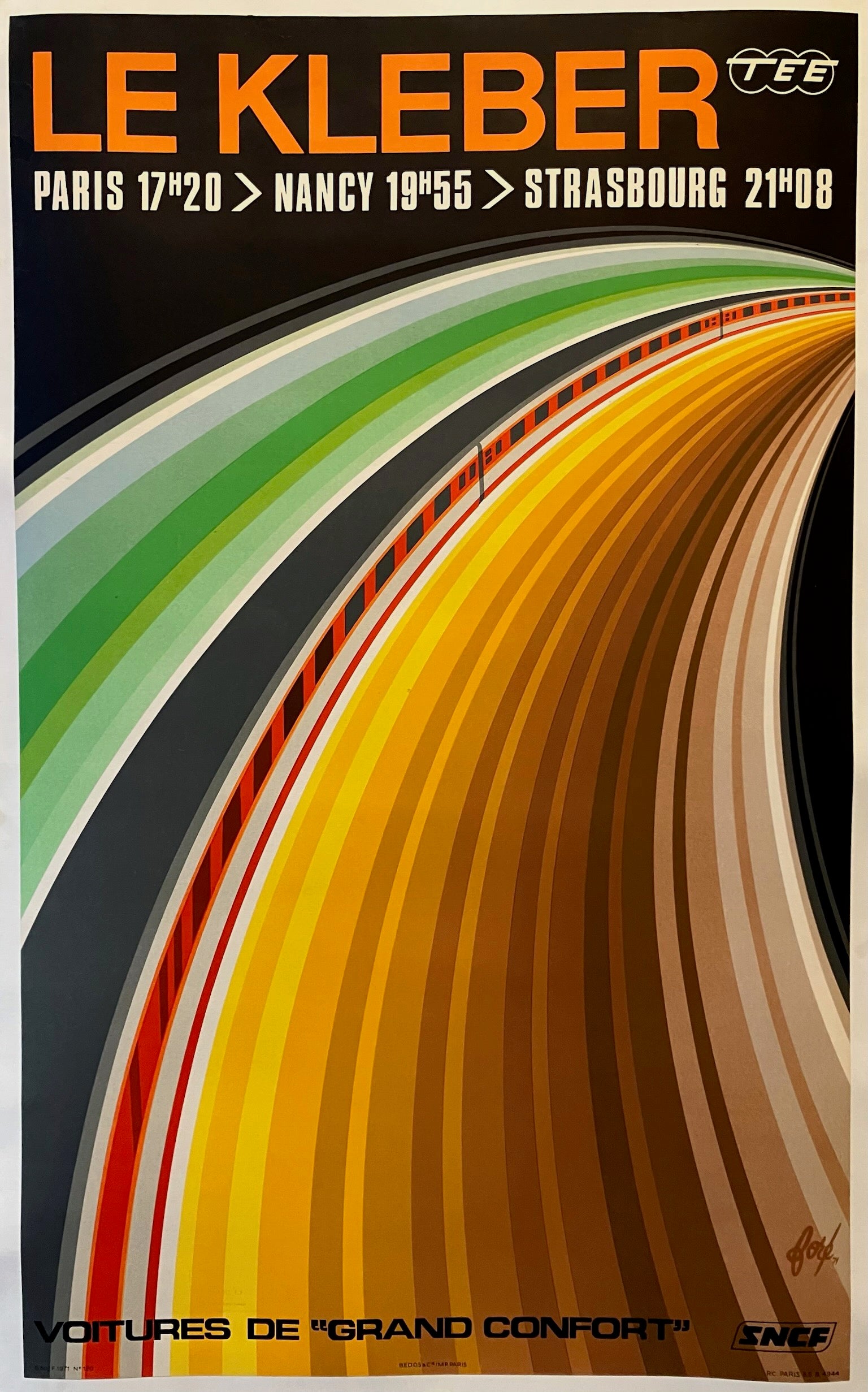 24.5x39 poster for the German railway system featuring a green, orange, yellow, and brown rainbow of colors representing the motion of the train